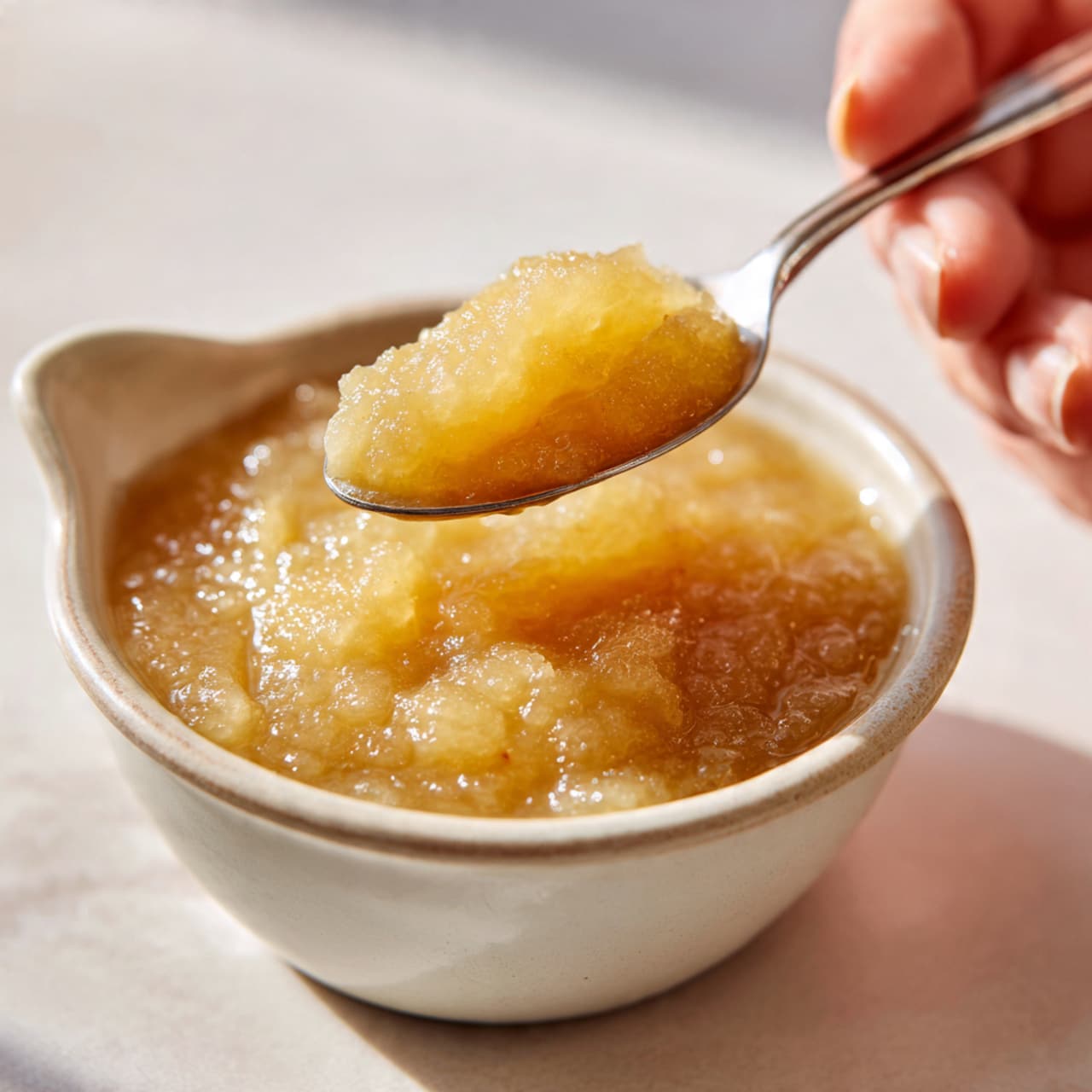 A close-up of a single layer of light golden, chunky applesauce in a small, round, white ceramic bowl with a spout, showing its shiny and slightly thick texture. A woman's hand holds a silver spoon lifting a spoonful of the applesauce above the bowl. The smooth white marbled surface underneath reflects soft shadows from the bowl and spoon. The lighting highlights the translucent, glossy quality of the applesauce, making it look fresh and slightly sticky. Photo taken with an iphone --ar 4:5 --v 7