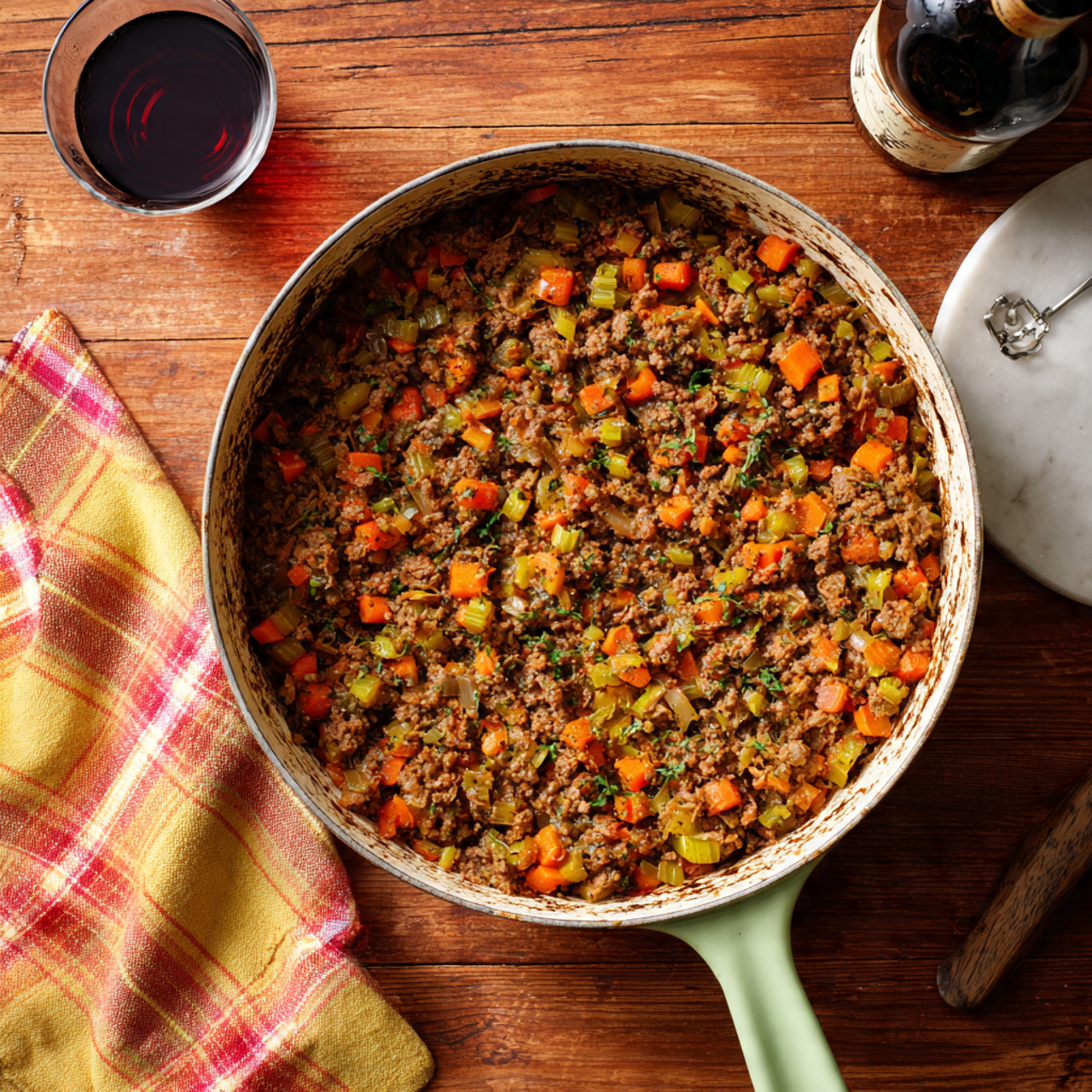 The dish is a large round casserole with a browned golden-yellow layer of piped mashed potato dollops on top, arranged close together covering a reddish-brown sauce layer beneath, likely a stew or meat sauce. The mashed potatoes have a textured, slightly crispy surface with small browned spots and are sprinkled with small green herbs for garnish. In the background, there is a white bowl filled with creamy mashed potatoes topped with golden gravy, a white pitcher with extra gravy, and a white plate holding a golden-brown biscuit, all on a white marbled surface. Photo taken with an iphone --ar 4:5 --v 7