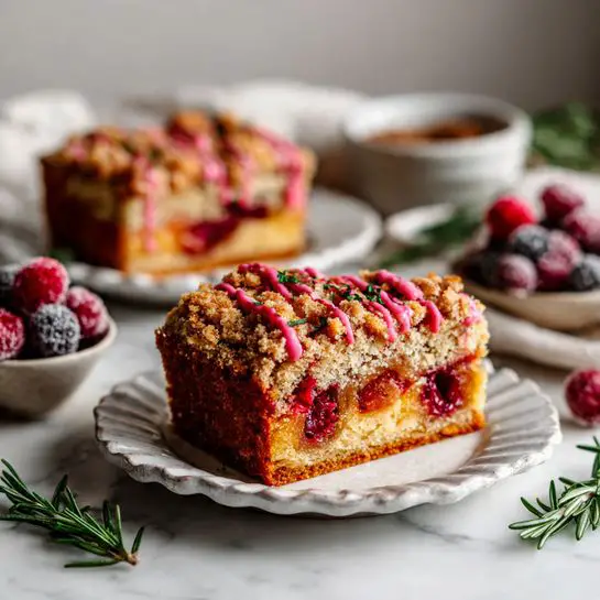 A round cake with about two layers is shown on a large white plate. The bottom layer is a thick, dark golden brown cake with a firm texture. The top layer is a crumbly, light brown streusel topping with a rough texture. Bright pink icing is drizzled in thin lines evenly over the crumb topping, with some dripping down the sides. The plate rests on a white marbled surface decorated with green herbs and rustic holiday-themed items like berries and pine cones in the background. photo taken with an iphone --ar 4:5 --v 7