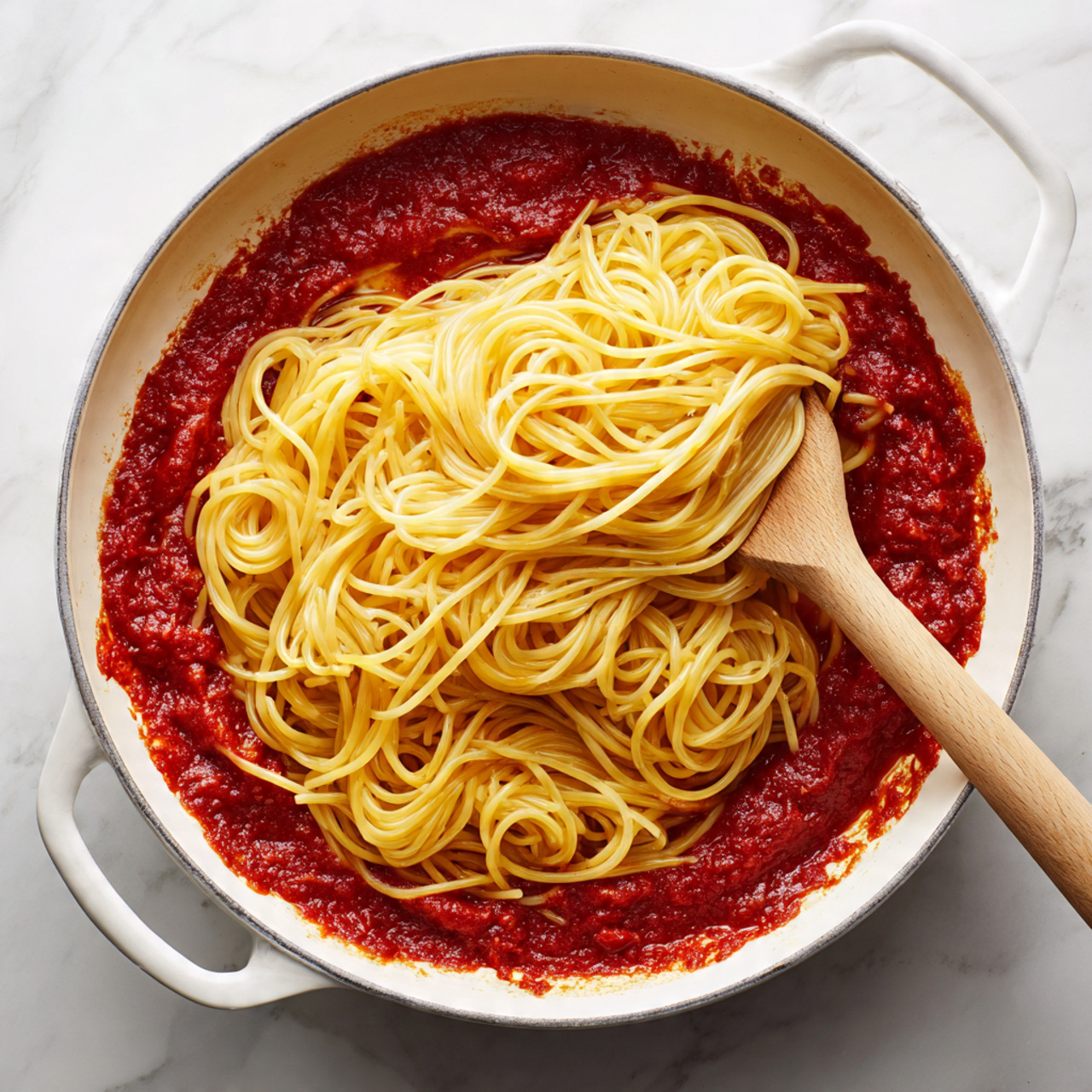 A white pan with a black inside holds a layer of thick red tomato sauce at the bottom, with some visible chunks and texture. On top, there is a large heap of yellow cooked spaghetti noodles spread unevenly. A wooden spoon is partially under the noodles, resting in the sauce, with its handle extending out of the pan. The pan is placed on a white marbled surface. photo taken with an iphone --ar 4:5 --v 7