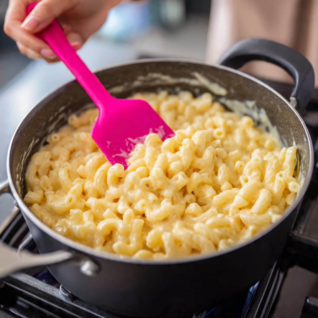 The image shows several ingredients arranged on a white marbled surface, ready for cooking. On the left, a large stainless steel bowl is filled with cooked elbow macaroni, pale yellow and slightly shiny. Next to it, there is a small white bowl filled with bright orange shredded cheddar cheese, sitting beside a small stick of butter, cream-colored with red measurement markings on the wrapper. Above the cheese, a small white bowl holds a mix of reddish-orange kimchi with visible pieces of cabbage. To the right, a small white dish contains three different spices or seasonings in small piles: coarse white salt, ground black pepper, and a light brown powder. In the bottom right corner, a clear glass measuring cup holds a creamy white liquid, likely milk or cream, with light froth on top. The layout is neat and simple, with all the items spaced out on the smooth white marbled surface. Photo taken with an iphone --ar 4:5 --v 7