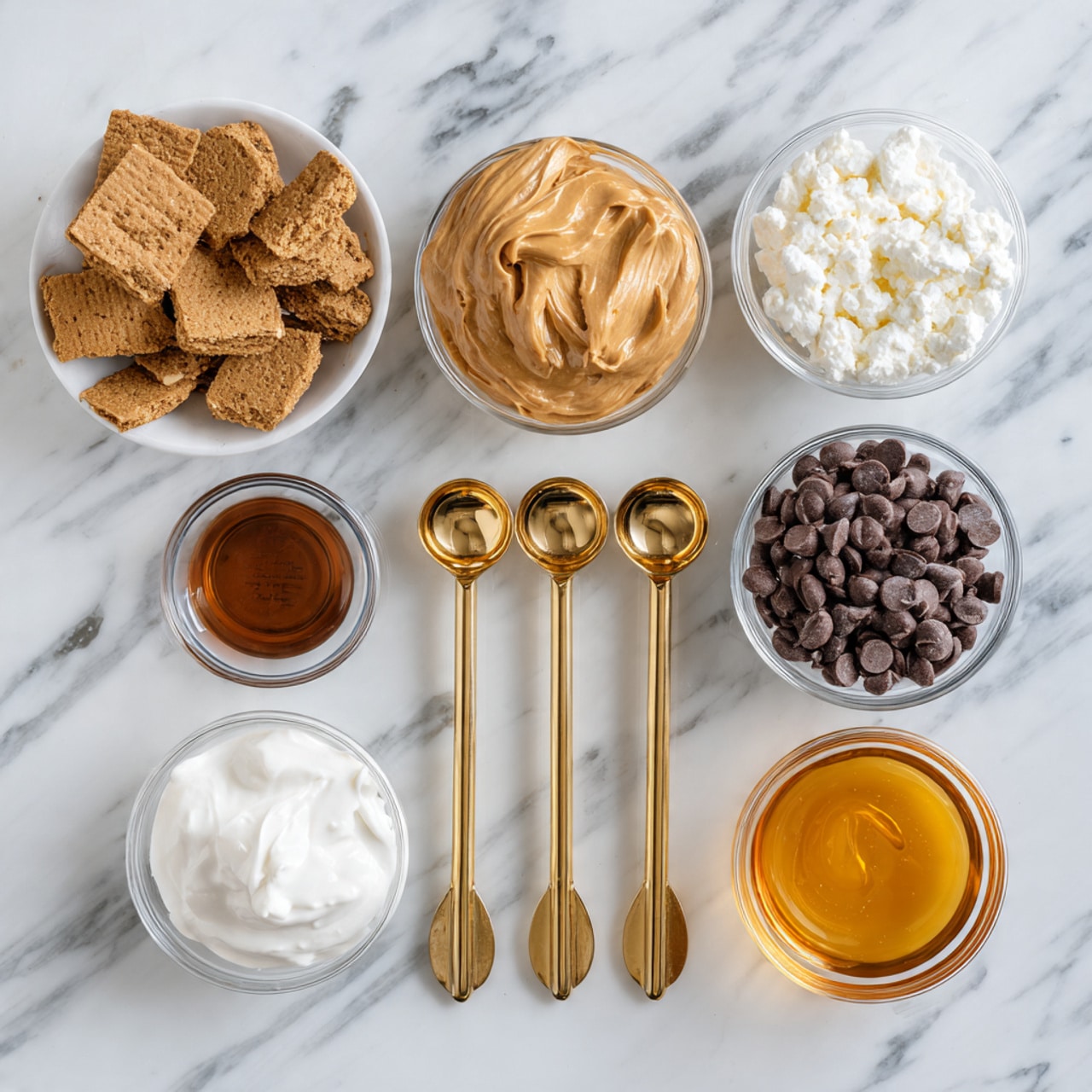 The image shows a white marbled surface with several small clear glass bowls and three brass measuring spoons arranged neatly. One bowl contains broken pieces of brown graham crackers, the second has a dark brown liquid, and the third holds two cracked eggshells. The three brass measuring spoons are filled with smooth peanut butter, white creamy yogurt, and lumpy white cottage cheese, arranged in a row. Another small clear glass bowl contains chocolate chips, while the last bowl holds a golden amber liquid, likely honey. All ingredients are spaced evenly to give a clean and organized look. Photo taken with an iphone --ar 4:5 --v 7