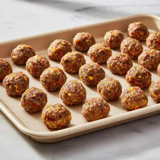 There is a baking tray on a white marbled surface. On the tray, there are 27 round raw meatballs arranged loosely in rows. Each meatball has a mix of brown and reddish color with small visible bits of orange, yellow, and darker spots, showing texture and ingredients inside. The tray is beige and has a textured non-stick surface. photo taken with an iphone --ar 4:5 --v 7