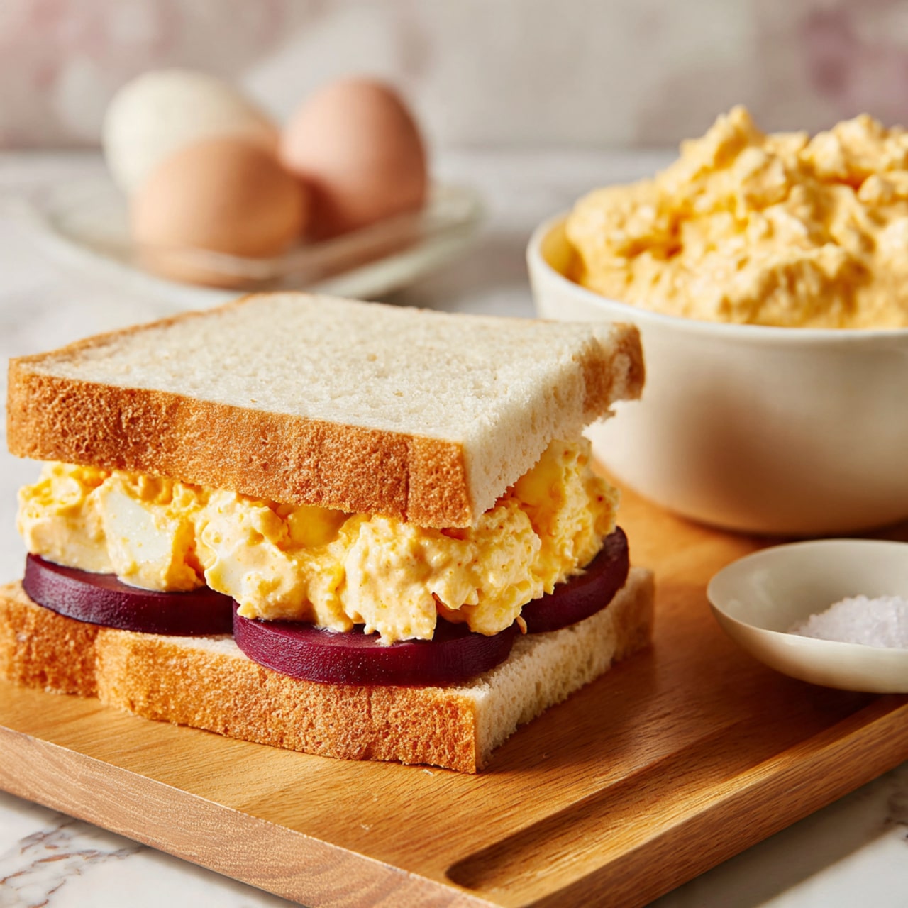 A sandwich slice is shown on a light brown wooden board with a white marbled background. The sandwich has three layers: the bottom layer is a soft, thick slice of light golden bread, the middle layer is made of two thick, dark purple beet slices arranged side by side, and the top layer is a chunky, creamy mixture of pale yellow chopped eggs with a light orange sauce being spread on it with a spoon held by a woman's hand. To the right, there is a white bowl filled with the same egg mixture, and a small white bowl with salt is placed nearby. Photo taken with an iphone --ar 4:5 --v 7