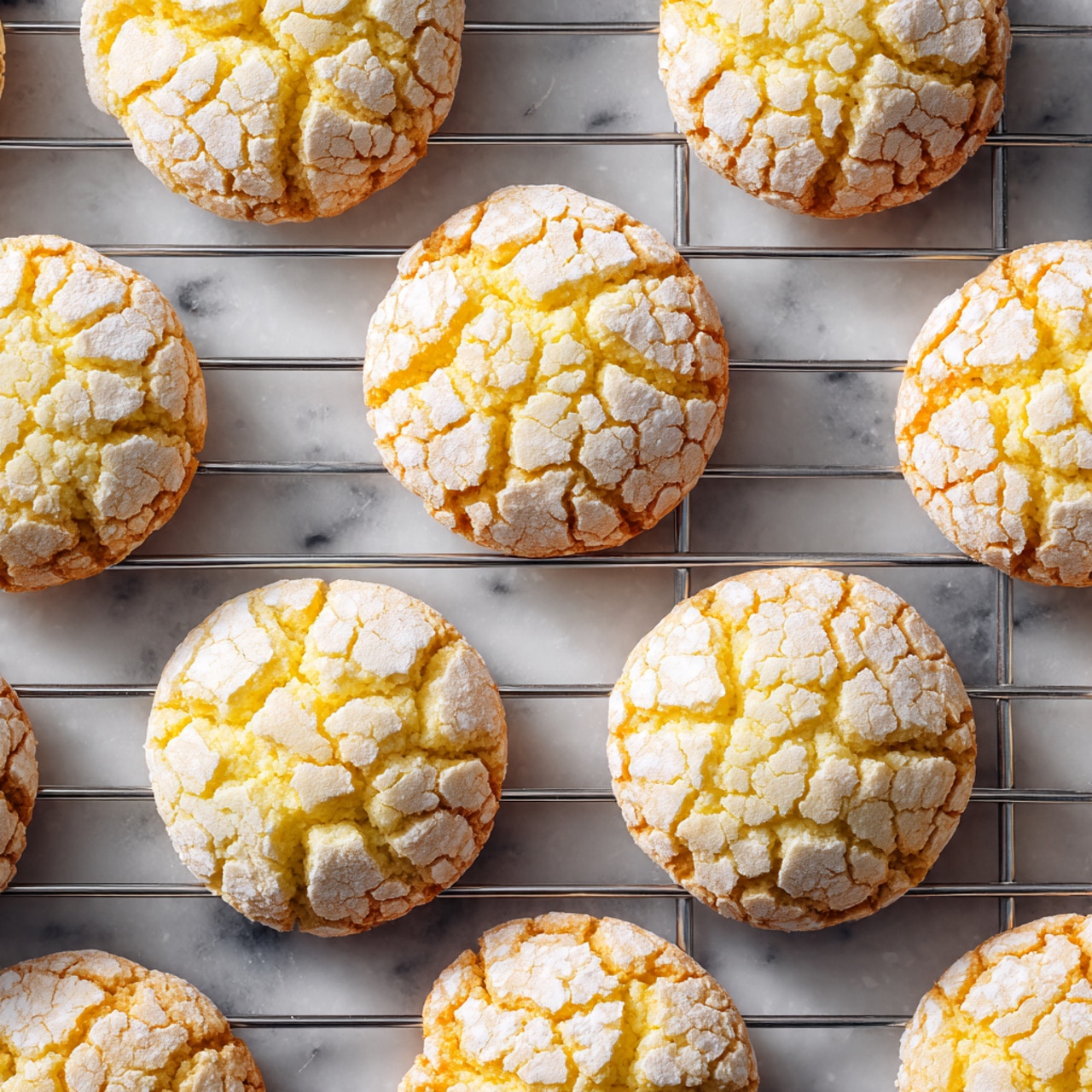 The image shows a group of round yellow cookies with cracked tops resting on a silver wire cooling rack. Each cookie has a rough sugar-coated texture with many small cracks across the surface, giving them a slightly crumbly look. The cookies are placed in neat rows, all evenly spaced, and the wire rack allows the white marbled surface beneath to be seen in the gaps. The scene is bright and clear, showing the details of each cookie’s texture well photo taken with an iphone --ar 4:5 --v 7