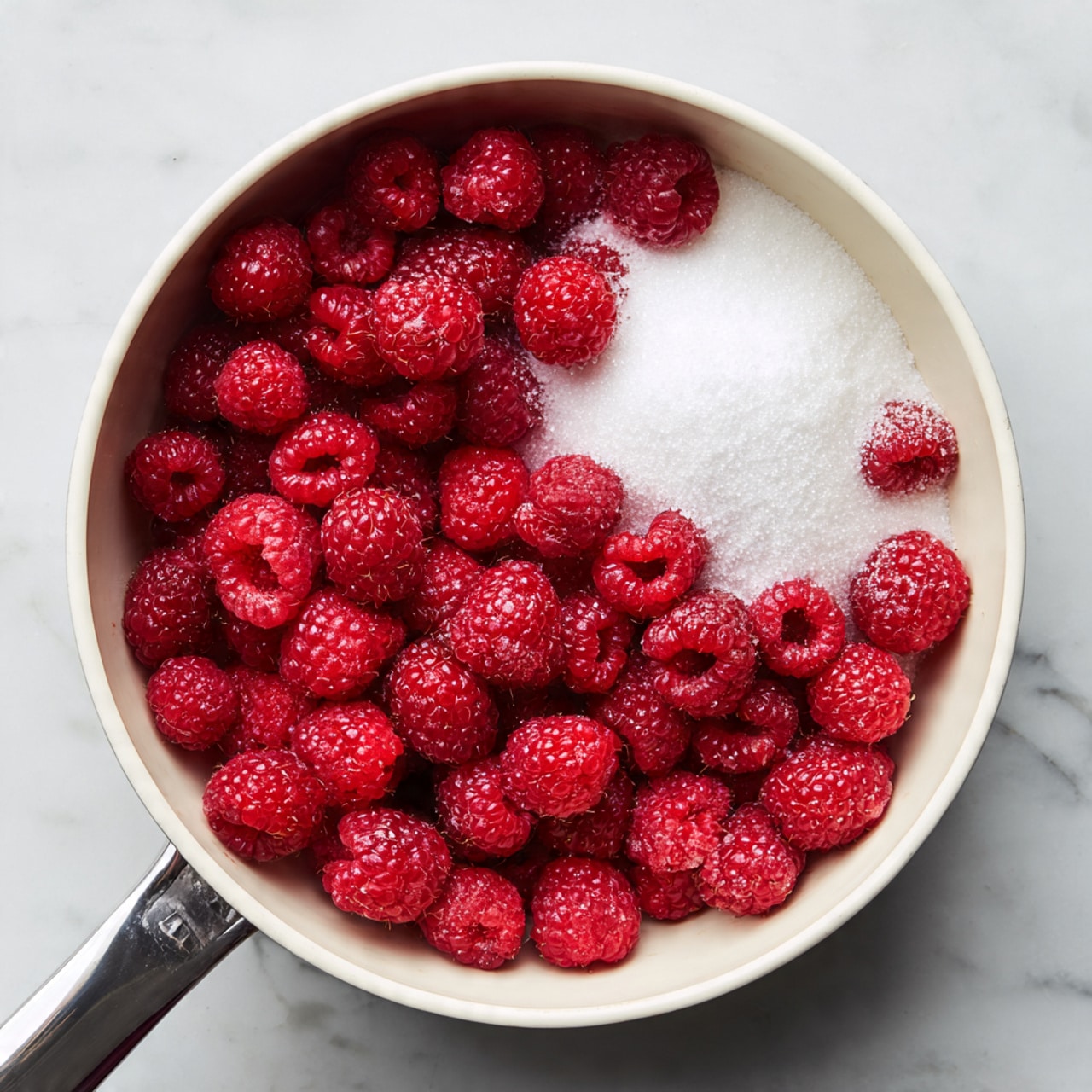 A clear round glass bowl is filled with a thick white cream layer that is spread evenly to the edges. On top of this white cream, in the center, there is a thinner, smooth layer of pale yellow liquid that looks like condensed milk. The bowl is placed on a white marbled surface. Photo taken with an iphone --ar 4:5 --v 7