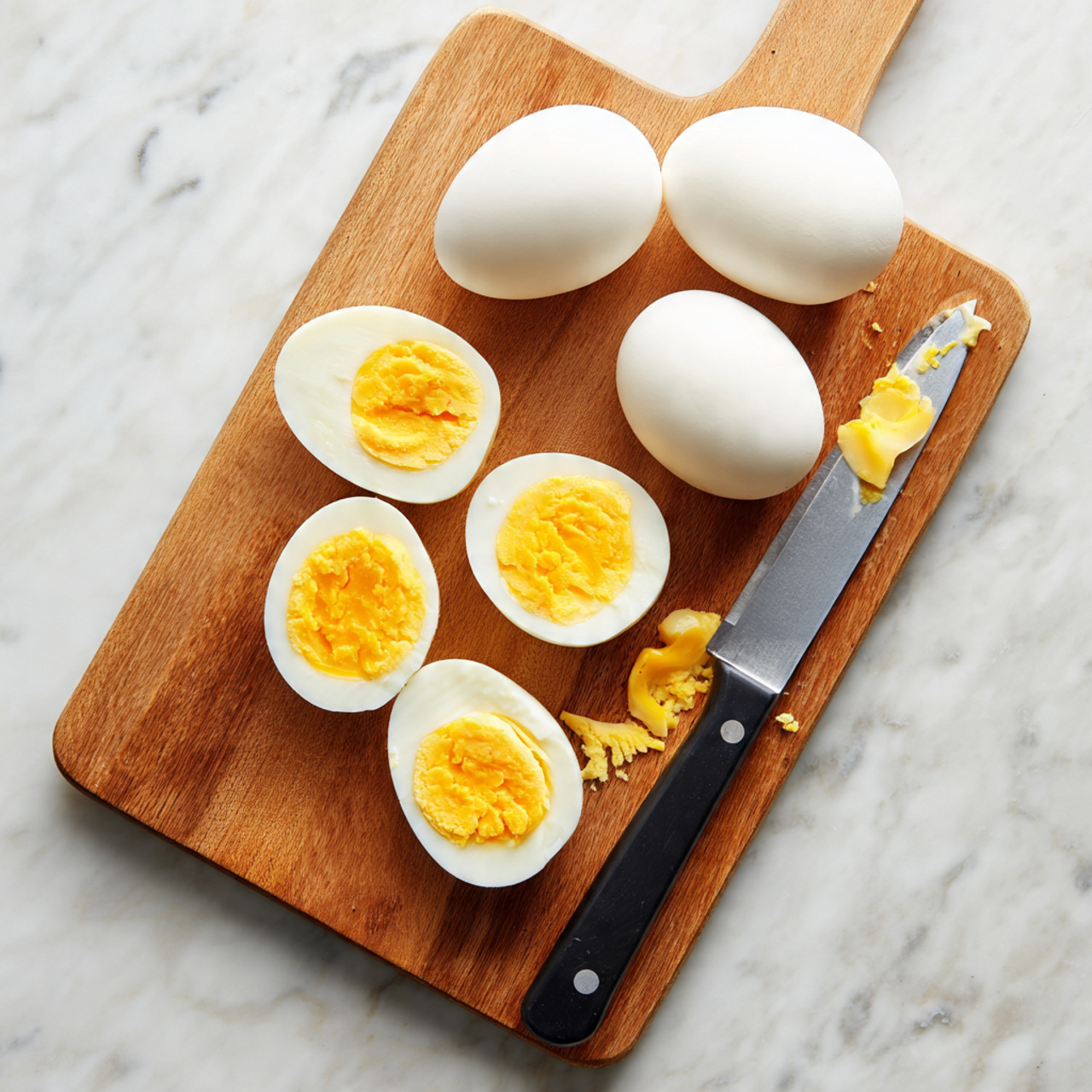 Smoked Salmon Deviled Eggs Recipe 4 The image shows a wooden cutting board placed on a white marbled surface. On the cutting board, there are two halves of a boiled egg with bright yellow yolks and white firm egg whites. Next to the board, there are four whole boiled eggs with smooth white shells. A knife with a black handle and a few pieces of yellow yolk on the blade rests diagonally on the cutting board. The photo taken with an iphone --ar 4:5 --v 7