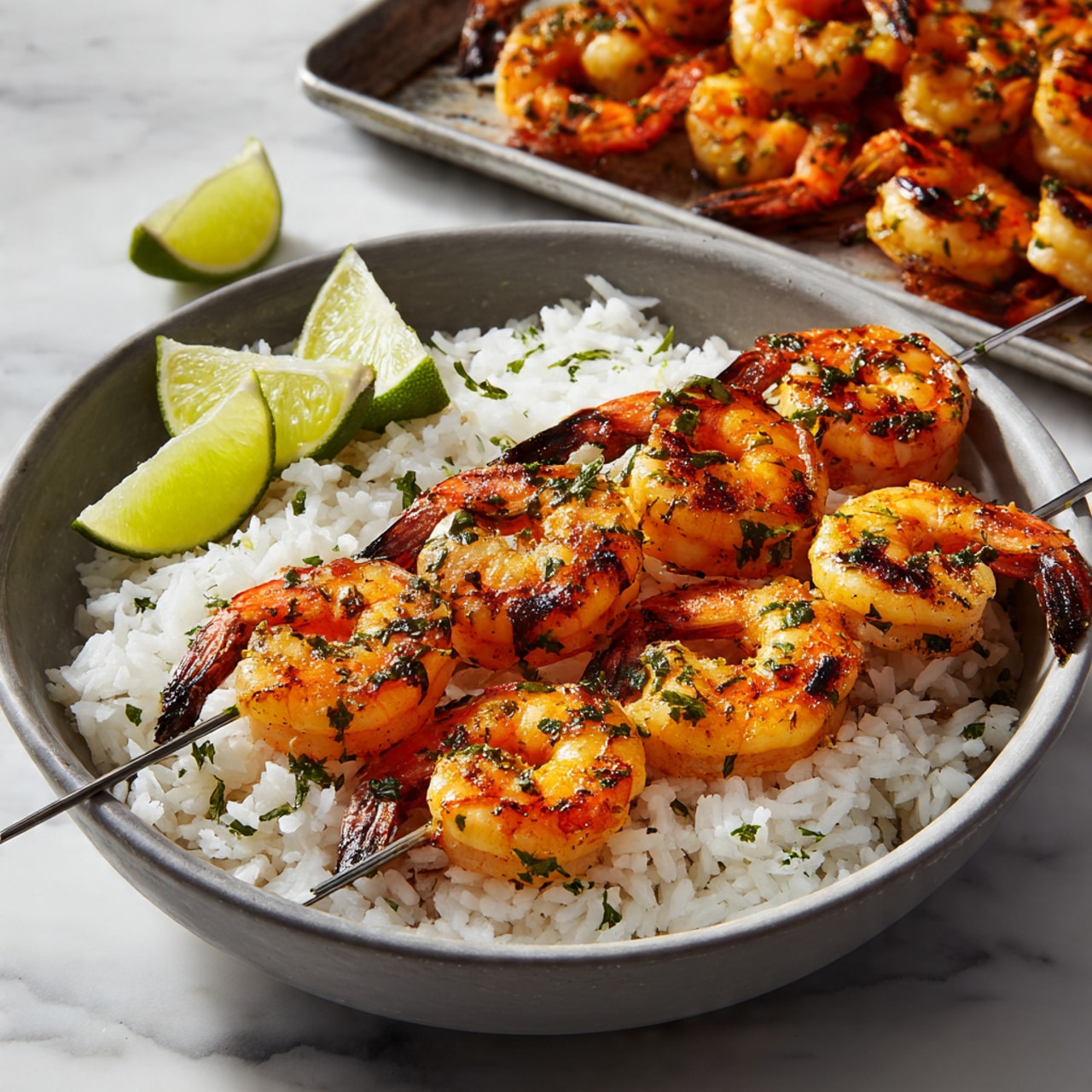 The image shows a close-up of several grilled shrimp arranged closely together on a baking tray. Each shrimp is a bright orange color with lightly charred grill marks and glistens with a shiny glaze, showing a slightly sticky texture. Small green herb bits are sprinkled on the shrimp, adding a touch of color contrast. The background features a white marbled texture partly visible around the edges. photo taken with an iphone --ar 4:5 --v 7