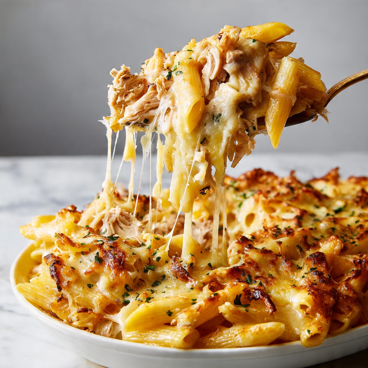 The image shows one fork lifting a portion of baked penne pasta mixed with pieces of cooked chicken and melted cheese. The top layer is golden melted cheese with some browned spots and stretchy cheese strings coming off it. Below the cheese, there are lightly sauced penne pasta in a light orange sauce with visible small herbs. The background shows more pasta in a white pan on a white marbled surface, slightly out of focus. A woman's hand is holding the fork from the top edges, gently lifting the food. photo taken with an iphone --ar 4:5 --v 7