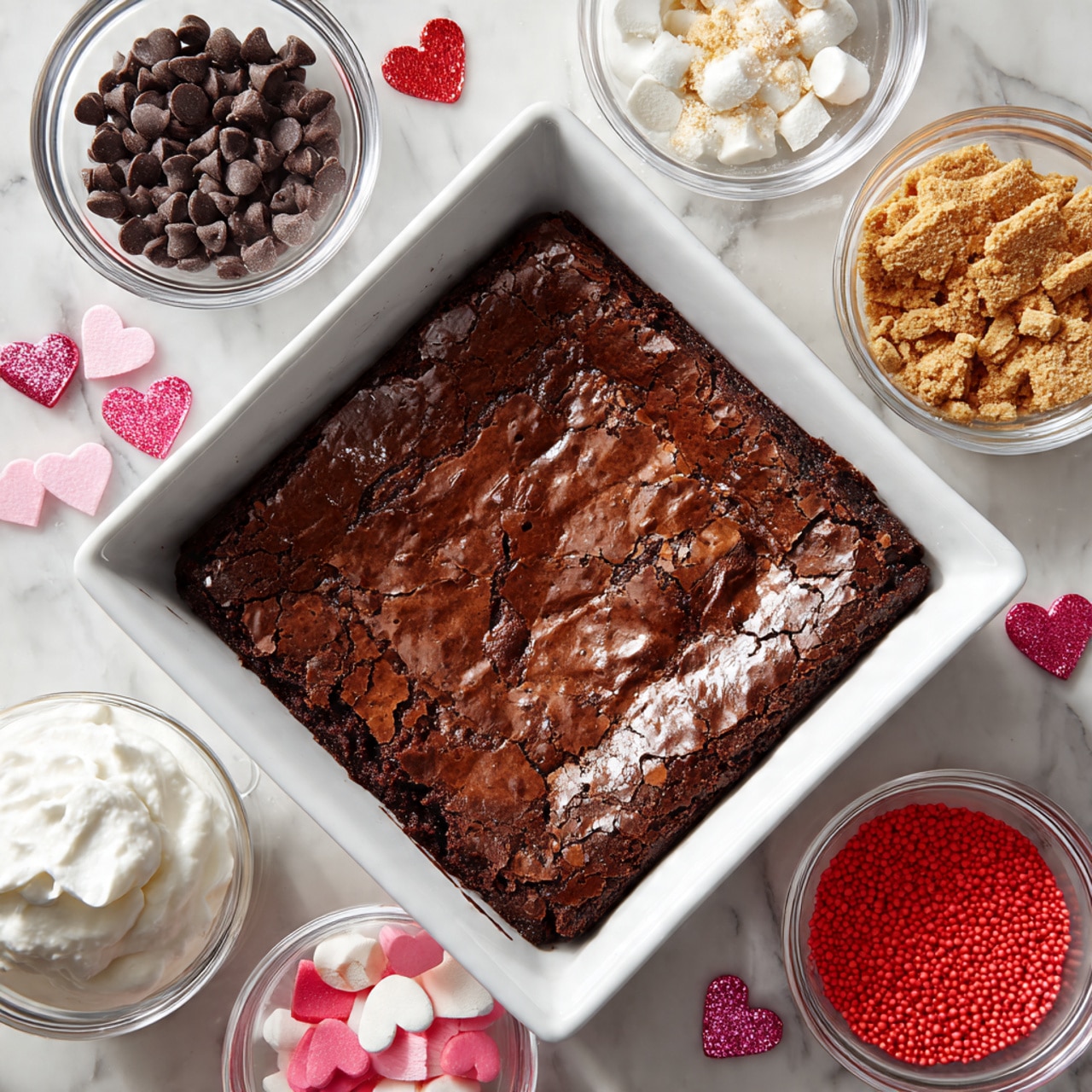 A square, dark brown brownie with a shiny, cracked top sits centered in a white square baking dish on a white marbled surface. Surrounding it are five clear glass bowls: one filled with small dark brown chocolate chips at the top right, another with white fluffy whipped cream at the bottom left, a smaller one with red round sprinkles at the bottom right, one with tan crumbled graham crackers at the top left, and one with pink, white and red heart-shaped and round sprinkles near the top left. Scattered around the scene are small glittery red and pink heart decorations. photo taken with an iphone --ar 4:5 --v 7