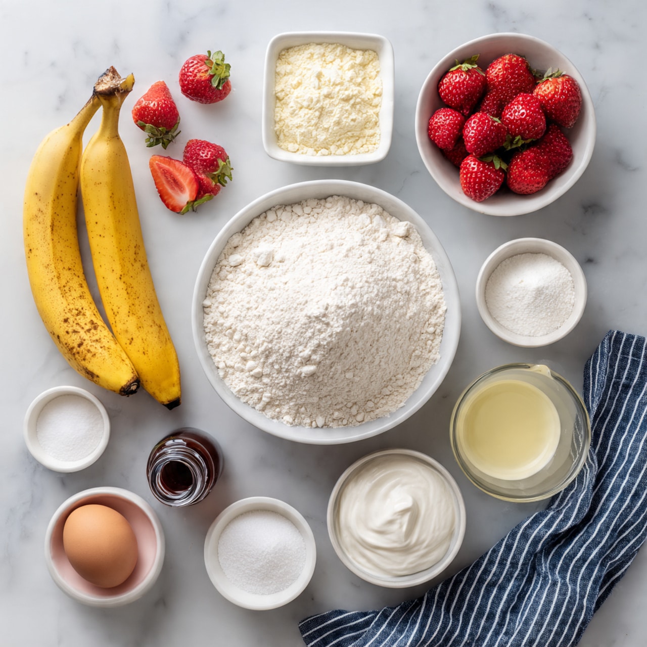 A golden brown loaf cake with visible juicy red strawberry pieces baked inside and on top sits sliced into three thick pieces layered on a white marbled surface with a metal cooling rack beneath. The cake texture looks soft and moist with strawberry bits showing bright red-pink color contrasting the light brown crumb. To the right, a small white bowl filled with whole fresh strawberries with green leaves is slightly blurred in the background. Two silver forks lay next to the bowl and the scene is bright with natural light. Photo taken with an iphone --ar 4:5 --v 7