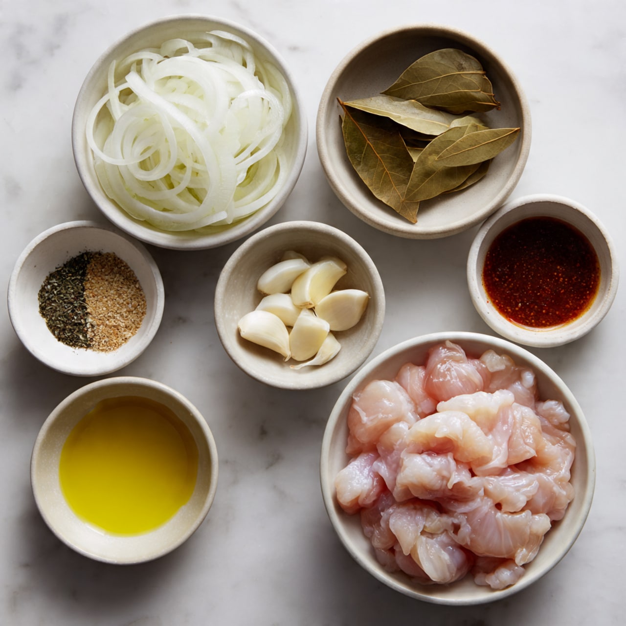 The image shows seven white bowls arranged on a white marbled surface, each containing different ingredients. At the bottom center is a bowl filled with raw chicken pieces in pale pink tones, showing smooth and moist texture. Above it, slightly to the left, is a bowl with thinly sliced white onions, layered loosely with a soft and slightly translucent look. To the right of the onions are three large dried bay leaves in a small white bowl, with a matte, slightly textured surface. Below that, a small bowl holds a few whole peeled garlic cloves, smooth and white with a soft sheen. In the top right corner, a bowl contains a dark reddish-brown liquid with a smooth surface, possibly a sauce. To the left of it is a bowl with a bright yellow liquid, glossy and opaque. Finally, in the top left corner, a small bowl holds a mix of dry spices in light beige, black, and green colors with a powdery texture. Photo taken with an iphone --ar 4:5 --v 7
