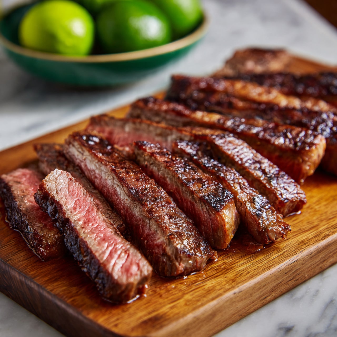 A wooden board holds four folded quesadillas stacked closely, each with a slightly browned and crispy white tortilla showing darker charred spots. Inside each quesadilla are visible layers of melted pale yellow cheese, chunks of browned cooked steak, and slices of green bell pepper. The quesadillas look warm and soft on the inside but crispy on the outside. The scene is set on a white marbled surface with some red pepper flakes scattered around. Photo taken with an iphone --ar 4:5 --v 7