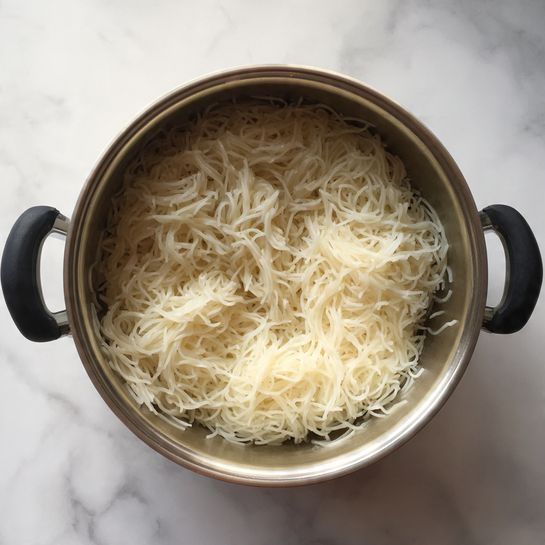 A close-up view of a metal pot filled with cooked white rice noodles. The noodles are thin and long, loosely piled up in one even layer inside the pot. The pot has two black handles on either side and rests on a white marbled surface. The texture of the noodles looks smooth and soft, with a light shine from moisture. Photo taken with an iphone --ar 4:5 --v 7