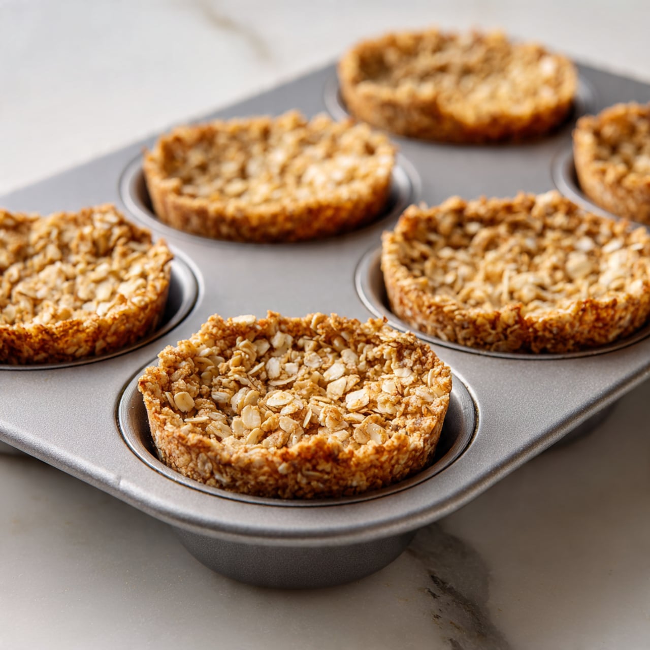 A clear glass bowl sits on a white marbled surface, filled halfway with dry, light beige rolled oats as the bottom layer. On top of the oats is a thick, smooth layer of light brown peanut butter with a shiny, creamy texture, partially covering the oats on one side. Photo taken with an iphone --ar 4:5 --v 7