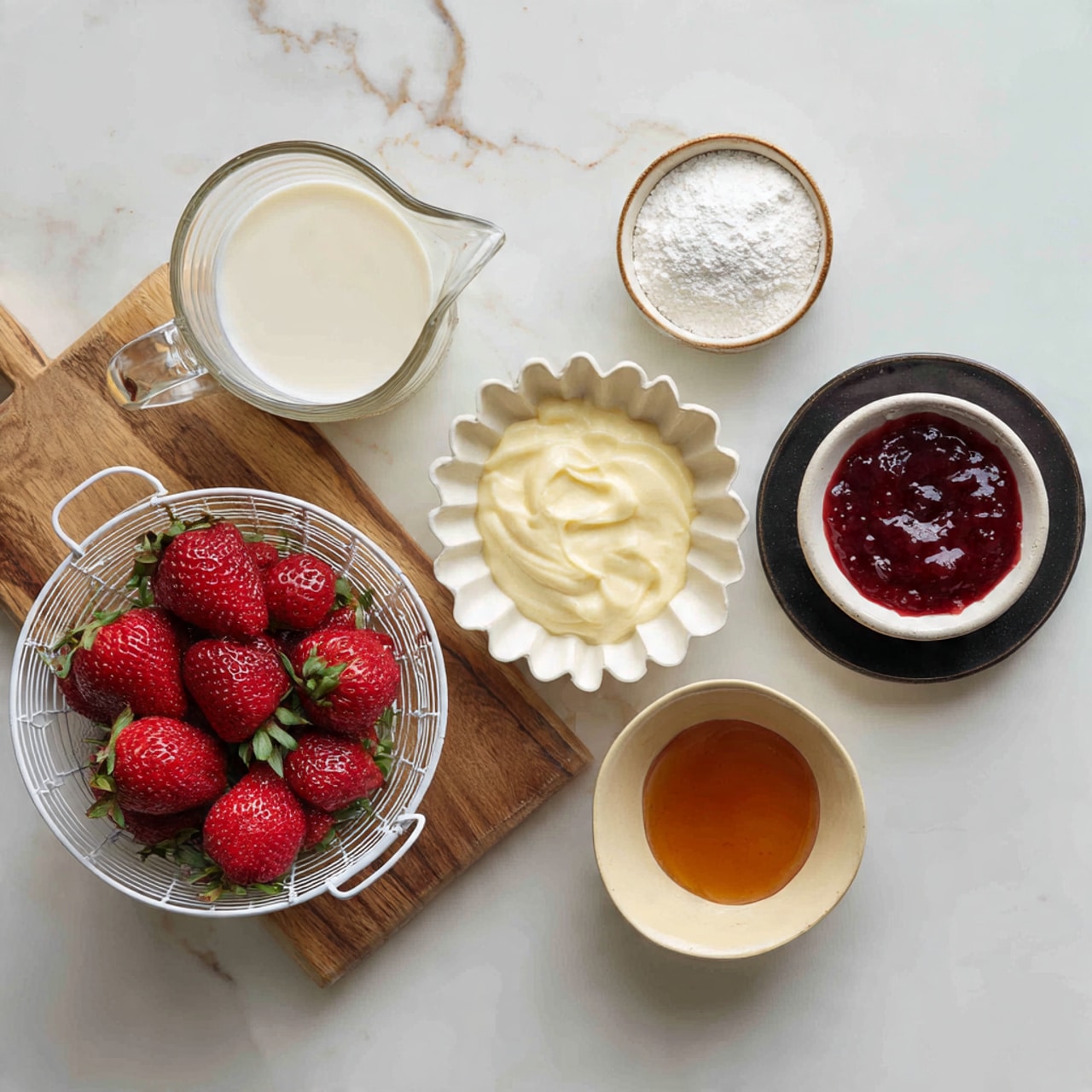 The image shows six items arranged on a white marbled surface: a clear glass pitcher with light cream liquid on the top left, a wooden cutting board with a small bowl of white powder on the top right, a white bowl with a wavy edge and a creamy pale yellow mixture inside placed on a black plate in the center right, a white wire basket filled with fresh red strawberries on the bottom left, a small round bowl with dark red jam in the bottom center, and a smaller pale bowl with amber liquid to the right of the jam. All items have a clean and fresh look. photo taken with an iphone --ar 4:5 --v 7