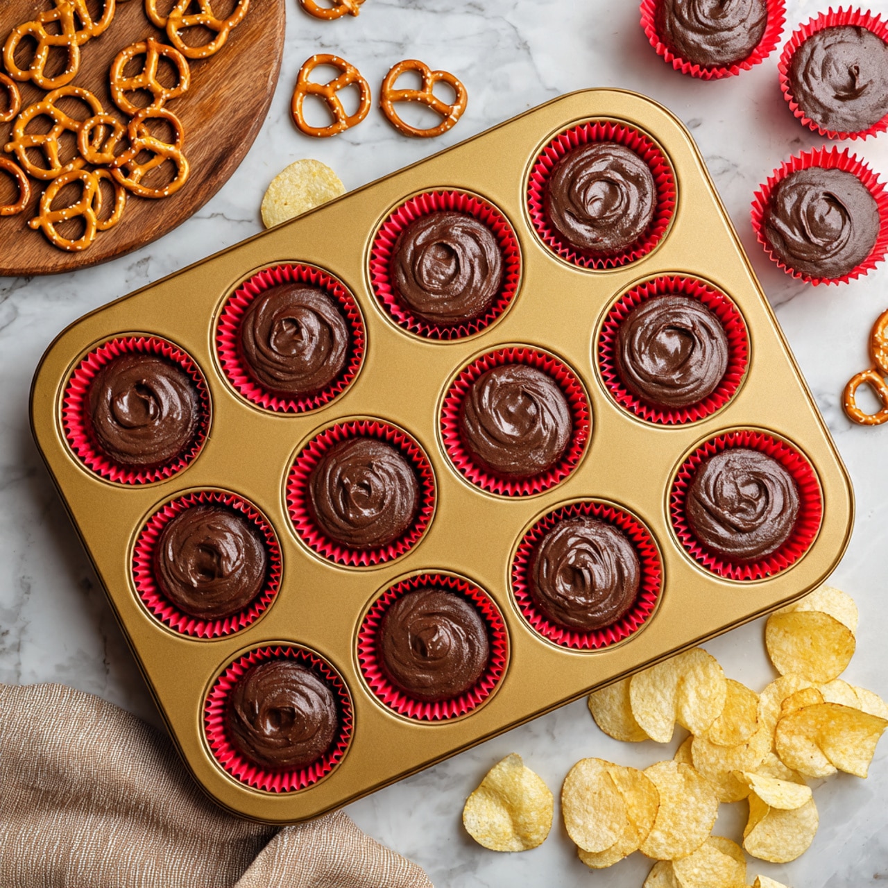 A gold muffin tray with twelve cups each lined with white paper cupcake liners filled with dark brown, thick chocolate batter that has a rich and slightly rough texture, sitting on a white marbled surface; around the tray are a few light golden potato chips and small shiny pretzels with brown twists, plus a tan cloth in the bottom left corner and a round wooden board with pretzels in the top left corner; the scene is bright with soft shadows photo taken with an iphone --ar 4:5 --v 7