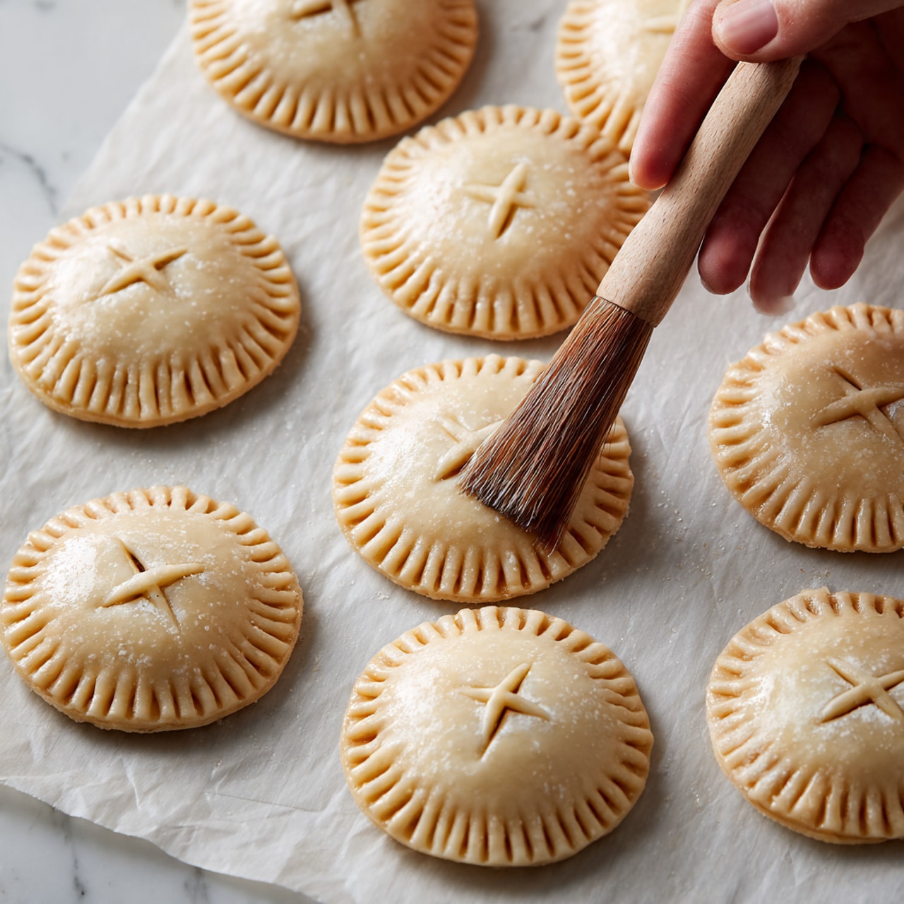 The image shows several small round hand pies with a golden brown crust, topped with large sugar crystals giving a sparkling, rough texture. Each pie has four small slits in the center arranged in a cross shape, revealing a bit of dark filling inside. The pies are placed directly on a white marbled surface with some crumbs scattered around. In the background, there are bright red apples with a smooth, shiny skin and a few green leaves adding a fresh touch. photo taken with an iphone --ar 4:5 --v 7