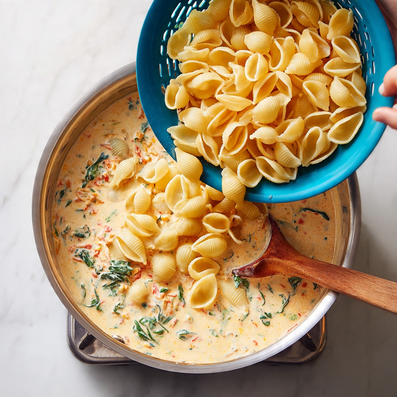 A close-up shows a blue colander full of yellow shell pasta being poured into a large silver pan on a stovetop. Inside the pan, there is a creamy sauce with colors like orange, green from spinach, and bits of red, adding texture and depth. A wooden spoon with a smooth light brown color stirs the sauce, visible resting inside the pan. The background and surface where the stove is placed are a white marbled texture. A woman's hand holds the blue colander mid-pour, with pasta flowing down into the sauce, showing an active cooking scene. photo taken with an iphone --ar 4:5 --v 7