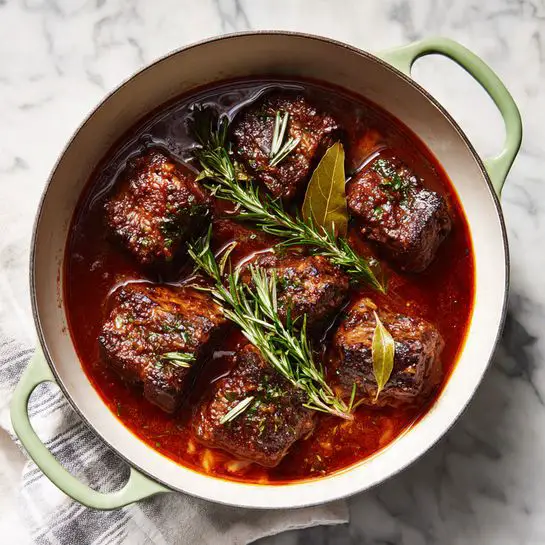 A white pot with a light green handle contains nine pieces of browned meat resting in a rich, thick reddish-brown sauce. Two fresh green rosemary sprigs and two dried bay leaves float on top near the center. The surface beneath the pot is a white marbled texture with a white and gray striped cloth near the handle. The meat pieces vary in shape and size, showing a textured, seared surface. Photo taken with an iphone --ar 4:5 --v 7