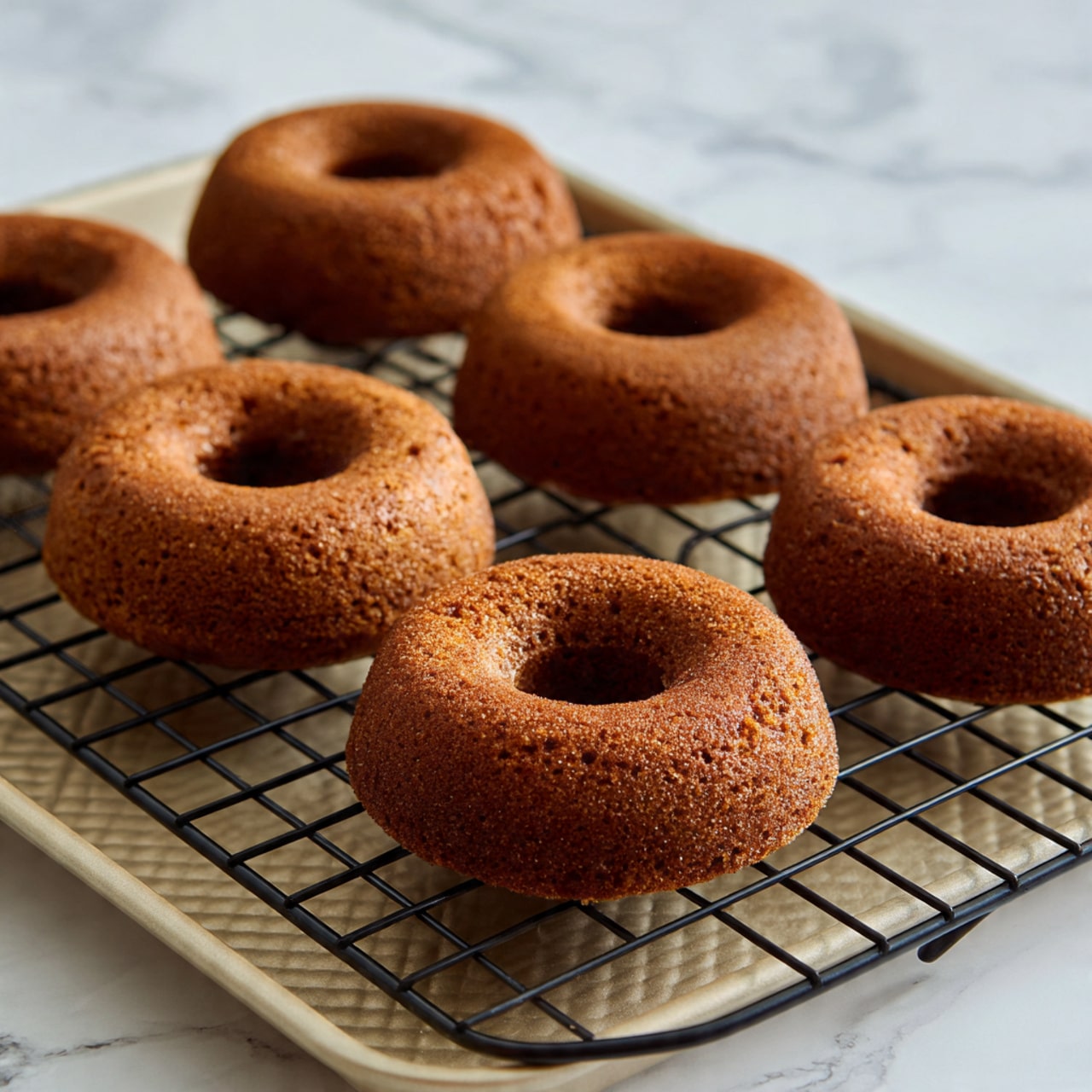 A metal donut baking pan with six round cavities each filled halfway with smooth, orange-brown batter evenly spread inside each mold, showing a thick texture and slight swirling patterns on top; the pan sits on a light gold baking tray, all placed on a white marbled surface. photo taken with an iphone --ar 4:5 --v 7