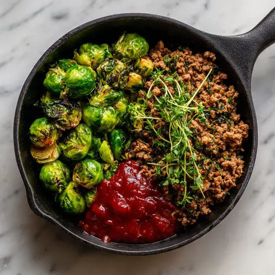 A black cast iron pan sits on a white marbled surface holding three main layers: on the left, bright green roasted Brussels sprouts with some charred edges, slightly wilted but still fresh; on the right, a large portion of browned ground meat mixed with bits of green herbs; in the center, a glossy deep red sauce spread in a small pool touching both the Brussels sprouts and meat. The pan handle extends out to the right. Photo taken with an iphone --ar 4:5 --v 7