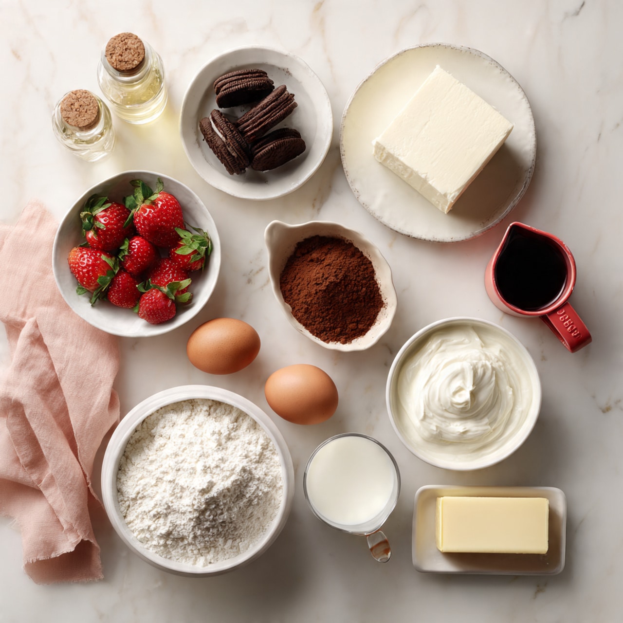 The image shows a dessert scene with a white bowl filled with dark chocolate crumbs and a small silver spoon inside it at the top left, placed on a white marbled surface. In the middle, there are two clear glasses, one with a red cake layer at the bottom, topped with a white creamy layer and sprinkled with dark crumbs, while the other glass holds a red cake layer completely covered with a thick spiral of white cream on top. At the bottom left, there is a white container lined with parchment paper holding large round red cake pieces with two of them removed, showing their empty spots. To the right of the glasses, there is a clear glass filled with water. A piping bag with white cream rests diagonally near the bowl on the left side. The whole scene is set on a white marbled background. Photo taken with an iphone --ar 4:5 --v 7