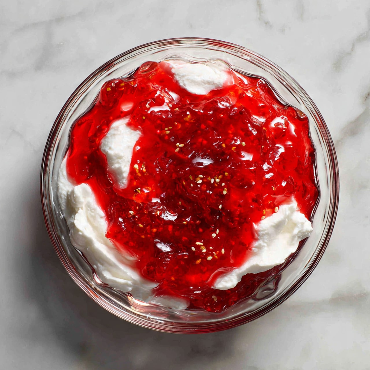 A clear glass dessert cup holds a three-layered pink and white creamy dish. The bottom layer is a deep red, smooth berry sauce. The middle layer is a light pink whipped cream mixed with bits of red berries, showing a soft and fluffy texture. The top layer is a thicker pink cream, unevenly spread and topped with two whole red frozen berries covered lightly with sugar crystals. The cup is set on a white marbled surface, with blurred similar dessert cups and soft background objects in gentle warm tones. photo taken with an iphone --ar 4:5 --v 7