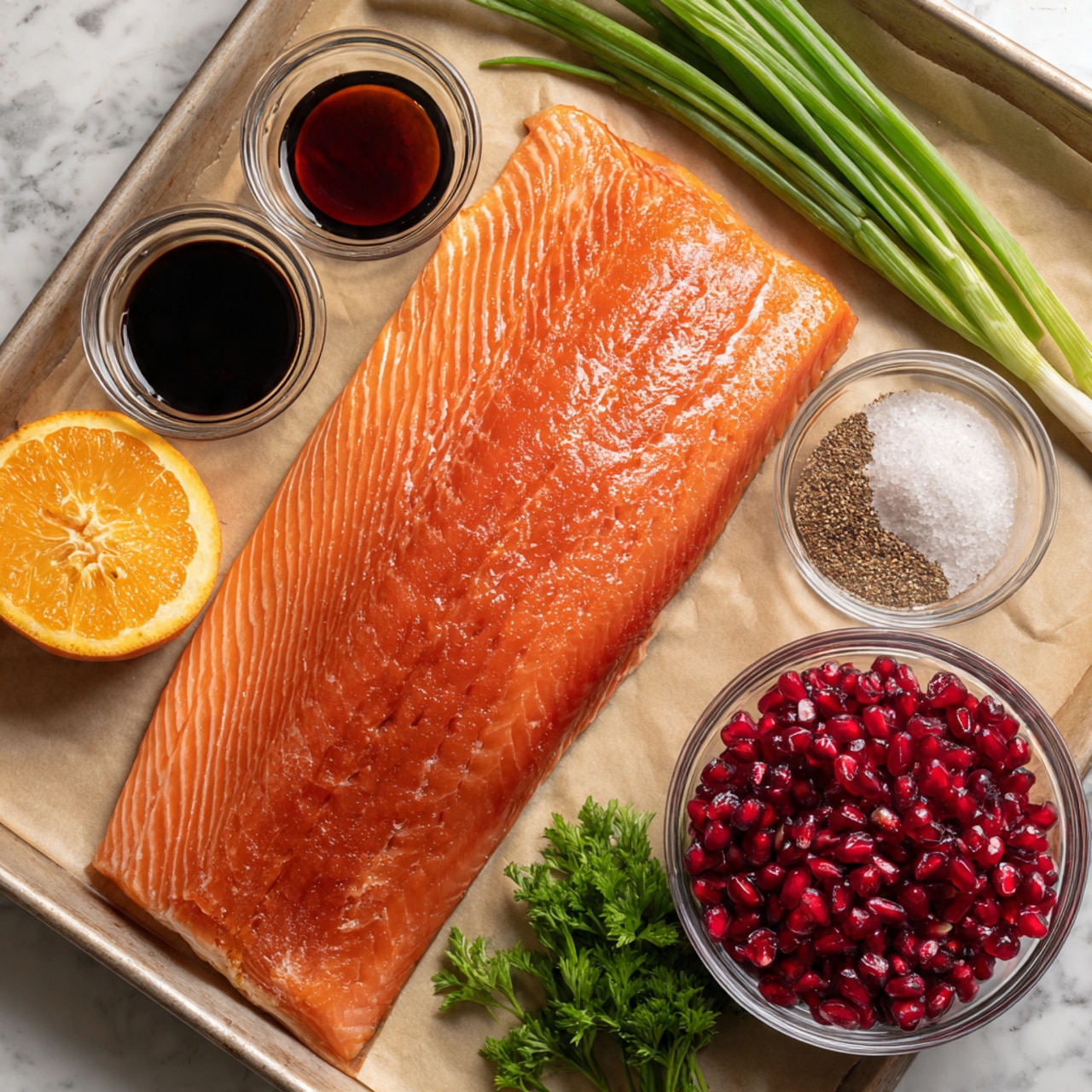 A large, fresh salmon fillet with a bright orange color and fine white lines lies flat on a baking sheet covered with parchment paper. Two halves of a bright orange are placed near the bottom left corner of the fillet. To the right, three small clear glass bowls hold dark soy sauce, brown sugar, and a mix of salt and black pepper. A bunch of whole green onions rests at the top right edge of the baking sheet, while fresh green parsley is positioned near the bottom left corner on the white marbled surface. A small bowl filled with shiny, deep red pomegranate seeds sits at the bottom right. The baking sheet and ingredients are arranged neatly on the white marbled texture. photo taken with an iphone --ar 4:5 --v 7