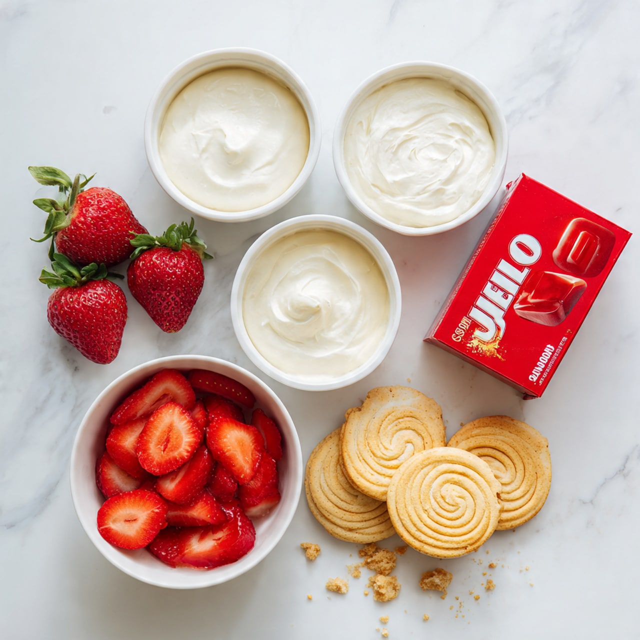 The image shows ingredients for a strawberry dessert arranged on a white marbled surface. There are three white bowls at the top, each filled with soft, white creamy substances with smooth textures. Below them, three fresh red strawberries with green tops are placed to the left of a red box of strawberry Jell-O. At the bottom left, a white bowl holds bright red sliced strawberries with juicy, glossy surfaces. On the bottom right, there are six round, light golden cookies with a spiral pattern, slightly crumbly in texture, scattered with some crumbs around them. Photo taken with an iphone --ar 4:5 --v 7