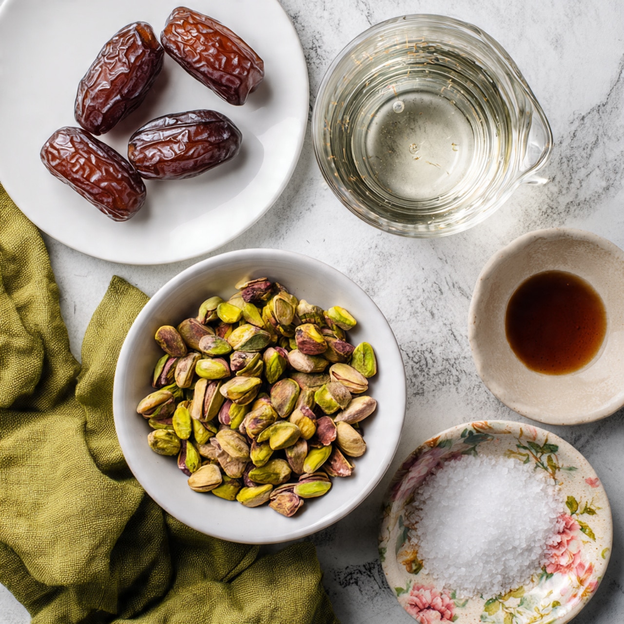 There are five main items arranged on a white marbled surface: a white bowl full of shelled pistachios with a green cloth partially under it near the bottom left, a white plate with four shiny brown dates near the top left, a glass measuring cup filled with clear water on the top right, a small white plate with a dark brown liquid near the center right, and a small beige dish with a floral pattern holding a small pile of white salt on the bottom right. The textures vary from smooth glass and shiny dates to the slightly rough pistachios and powdery salt. photo taken with an iphone --ar 4:5 --v 7