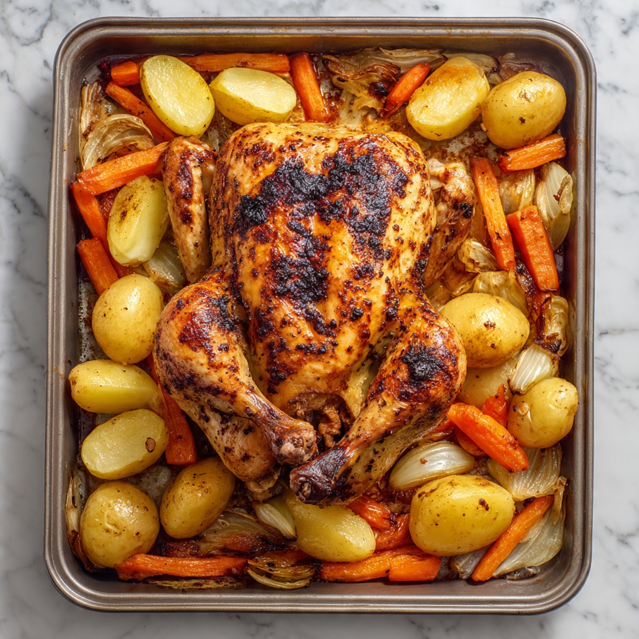A single layer of raw chicken pieces, including two legs and a larger portion with skin, laid out on crinkled white parchment paper. The chicken is coated in a thick, orange-colored marinade with visible small bits of garlic and spices spread evenly across the surface. In the top right corner, a white bowl with a reddish-brown oily sauce and pieces of garlic floating inside has a spoon resting in it. Near the top left, several garlic cloves and part of a garlic bulb are placed on a white marbled surface. The overall scene is brightly lit with a clean, neutral background. Photo taken with an iphone --ar 4:5 --v 7