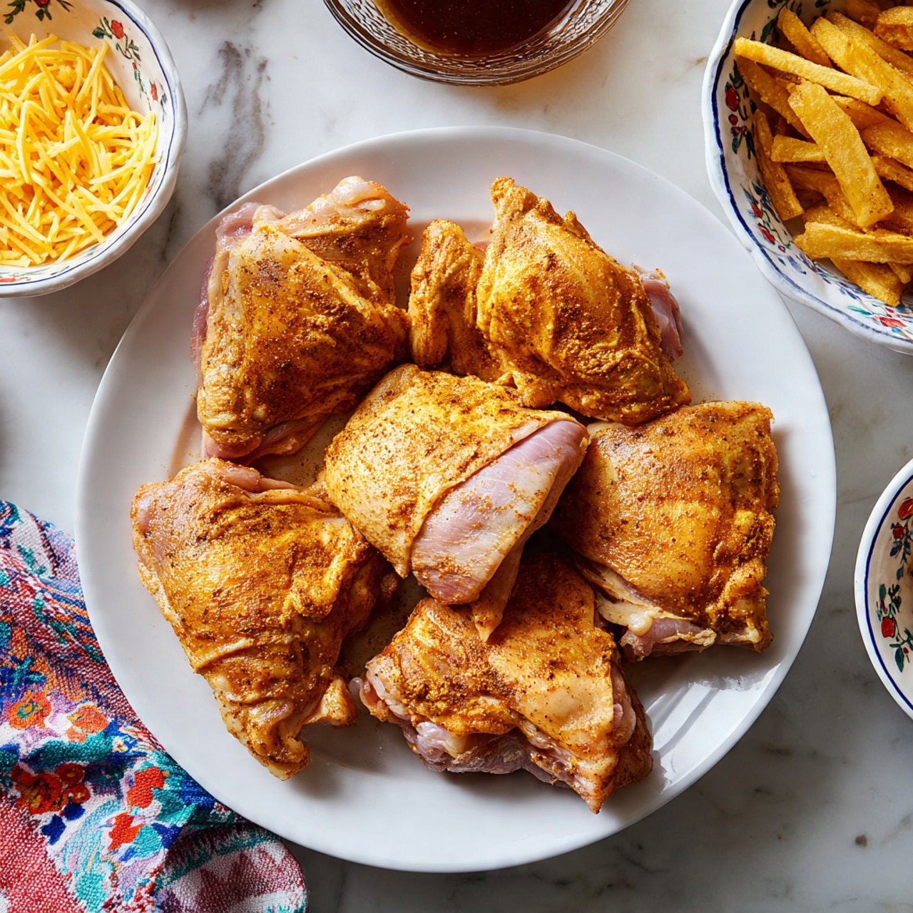 A white plate holds seven raw chicken thighs spread out evenly, each coated with an orange-brown dry spice rub. The chicken's pink skin is visible beneath the spice layer, which gives a grainy texture. Around the plate, on a white marbled surface, there are small bowls with shredded yellow and white cheese on the left and golden crispy fried strips on the right, each in a white bowl with blue and red floral edges. In the top background, a glass bowl with a dark brown liquid sauce is partially visible, while a patterned cloth is placed at the lower left corner. photo taken with an iphone --ar 4:5 --v 7