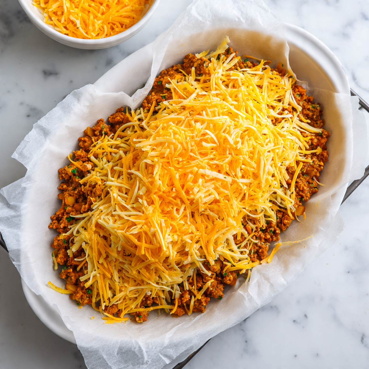 Cheddar-Stuffed Sweet Potato BBQ Turkey Meatloaf Recipe 4 A round, thick mixture of chopped vegetables and meat forms the base layer, spread evenly on a flat white parchment paper-lined metal baking tray with visible chunks of orange, green, and light brown ingredients. On top of this mixture is a generous pile of shredded yellow cheese, loosely layered in the center, allowing some of the base to show around the edges. Part of a white bowl with more of the vegetable and meat mix is visible on the left edge of the image, sitting on a white marbled surface. Photo taken with an iphone --ar 4:5 --v 7