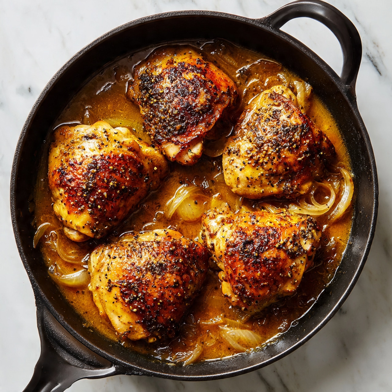 In a dark cast iron pan, there are four chicken pieces on the bottom layer, each covered with melted cheese that is creamy white with golden brown spots, slightly bubbly and soft in texture. Underneath the chicken, there is a layer of thinly sliced caramelized onions in a rich, dark brown sauce that looks oily and glossy, spreading evenly across the pan. Tiny sprigs of fresh green herbs are scattered on top for color contrast. The pan sits on a white marbled surface with a white bowl of bright green peas and two wooden pepper grinders nearby. Photo taken with an iphone --ar 4:5 --v 7