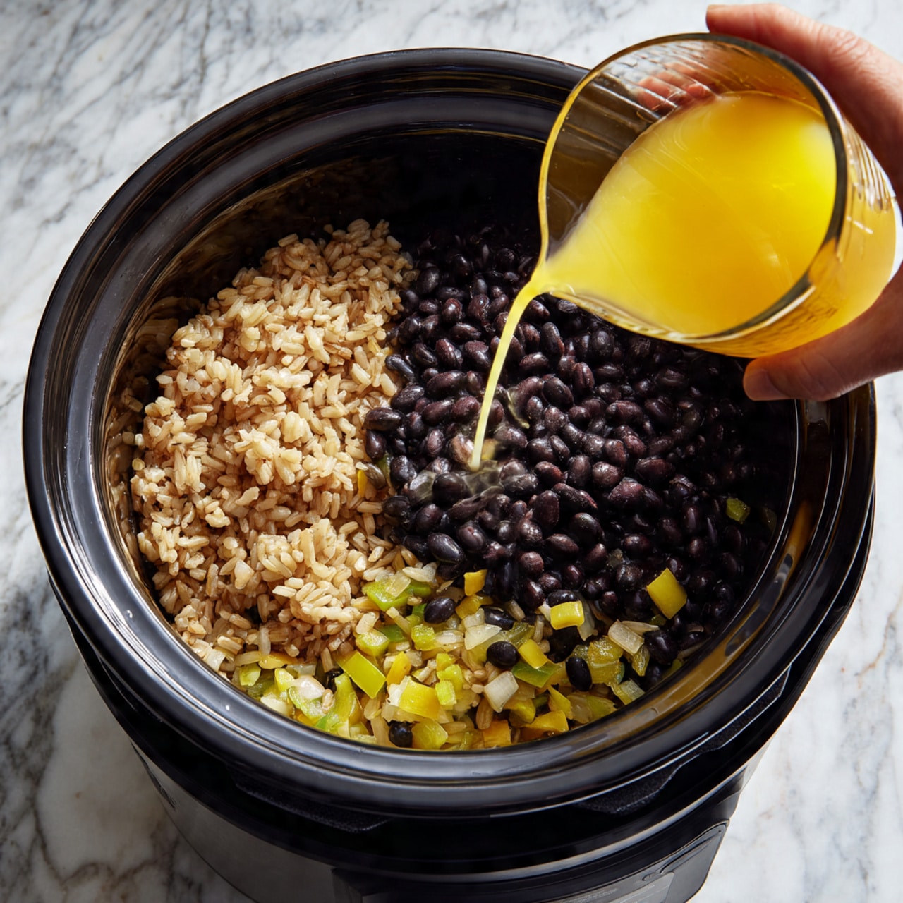 Inside a black cooker, three main layers are visible: dark black beans on the right side, light brown rice on the left side, and cooked onion and green bell pepper pieces at the bottom underneath the rice and beans. A woman's hand is pouring a bright yellow liquid from a glass measuring cup into the cooker, creating a contrast with the dark and light ingredients. The cooker sits on a white marbled surface. The image is a top-down view, showing the different textures of the beans, rice, and vegetables clearly. photo taken with an iphone --ar 4:5 --v 7