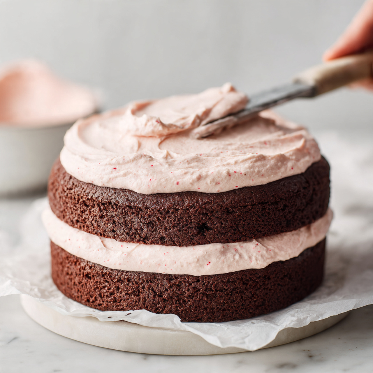 A two-layer chocolate cake is shown, placed on a piece of white parchment paper over a white plate with a white marbled texture background. Between the two dark brown layers is a smooth, thick layer of light pink frosting with tiny red specks. The top cake layer is being spread with a generous amount of the same pink frosting using a knife held by a woman's hand, creating soft, swirled texture on the cake's surface. In the background, a bowl holds more of the pink frosting, complementing the scene. photo taken with an iphone --ar 4:5 --v 7