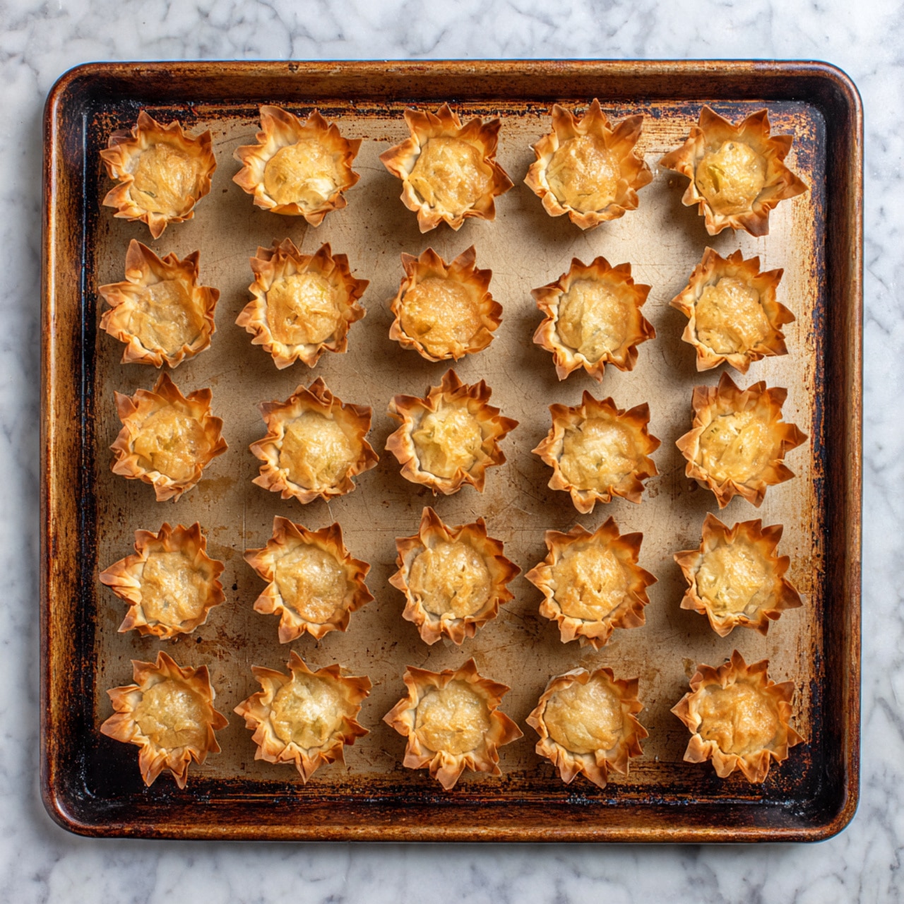The image shows a large rectangular baking tray filled with 30 small, empty phyllo dough cups arranged in six rows of five. Each cup is light golden brown with crispy, ruffled edges and a slightly puffed texture, showing a few darker toasted spots. The tray itself has a worn, dark bronze color with some scratches and stains, set on a white marbled surface. The cups are evenly spaced and uniformly shaped, ready to be filled. photo taken with an iphone --ar 4:5 --v 7