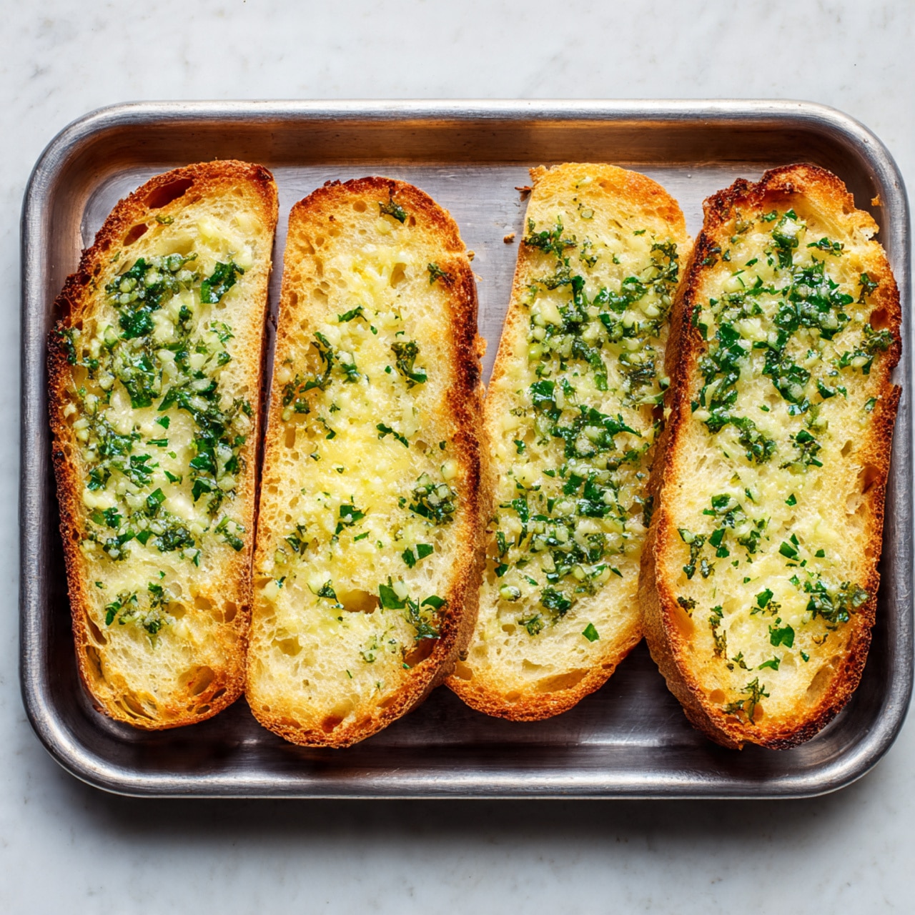 Four slices of toasted white bread cut lengthwise are laid out on a silver metal baking tray. Each slice is topped with a spread made of finely chopped green herbs mixed into a creamy, light yellow butter or oil base, covering the entire surface of the bread evenly. The edges of the bread are golden-brown crisp, while the center remains soft with visible small bits of herbs. The tray rests on a white marbled surface, giving a clean and bright background. photo taken with an iphone --ar 4:5 --v 7