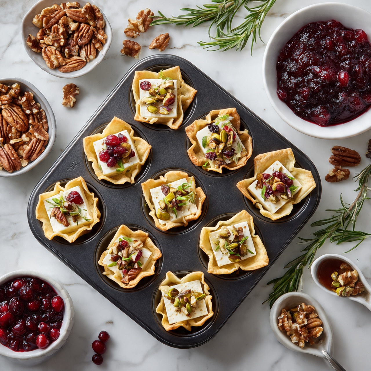 A dark baking tray holds 12 small pastry cups made of light yellow dough, each shaped with open, soft edges. Inside each cup is a square piece of white cheese topped with different nuts and garnishes: some have red cranberry pieces with pecans and small green herb sprigs, others have single pecans, green pistachio bits, or walnut halves. Surrounding the tray are small white bowls and dishes filled with pecans, pistachios, brown sauce with a spoon, and bright red cranberry sauce. A few loose cranberries and sprigs of fresh green rosemary add color on a white marbled surface. photo taken with an iphone --ar 4:5 --v 7