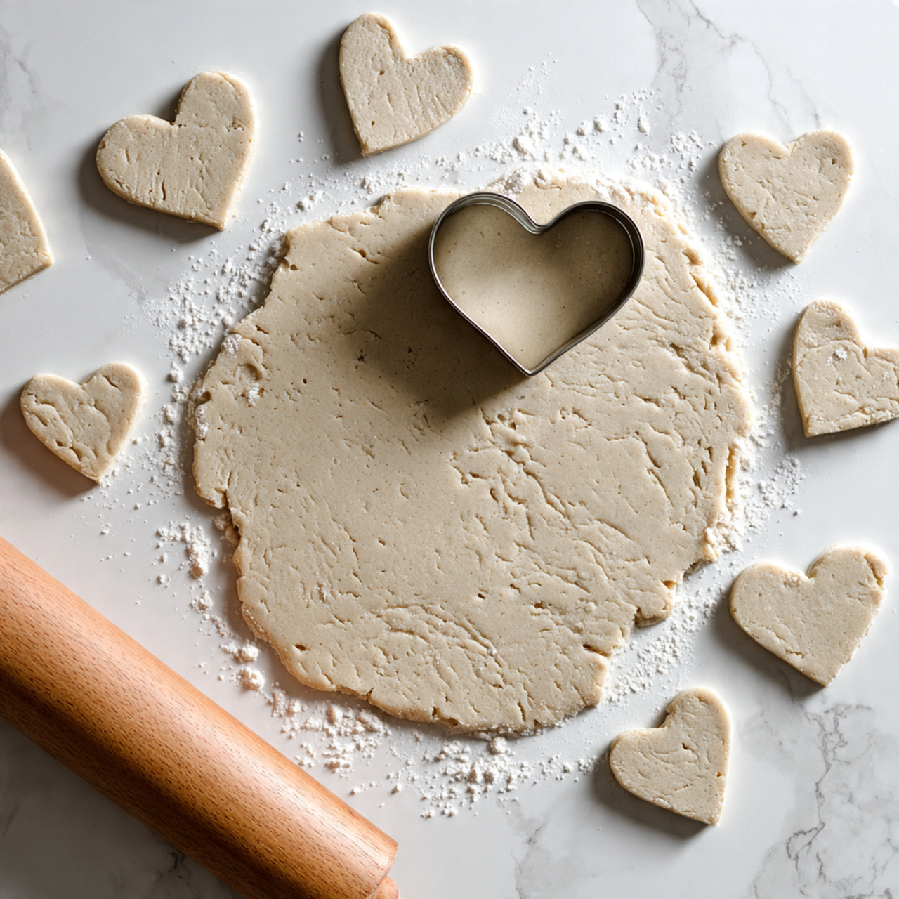 Cut-Out Sugar Cookies Recipe 4 The image shows several stacks of light golden-brown sugar cookies in different shapes, including stars and hearts. The tallest stack, in the center, is made of nine star-shaped cookies with a slightly crisp texture and soft edges. To the left, there are more cookie stacks with rounded shapes that look smooth and uniform. In front and slightly to the left, there are two heart-shaped cookies lying flat showing their pale, even surface. All the cookies sit on a round white marble board placed on a white marbled surface, with a soft pink blurry background behind. Photo taken with an iphone --ar 4:5 --v 7