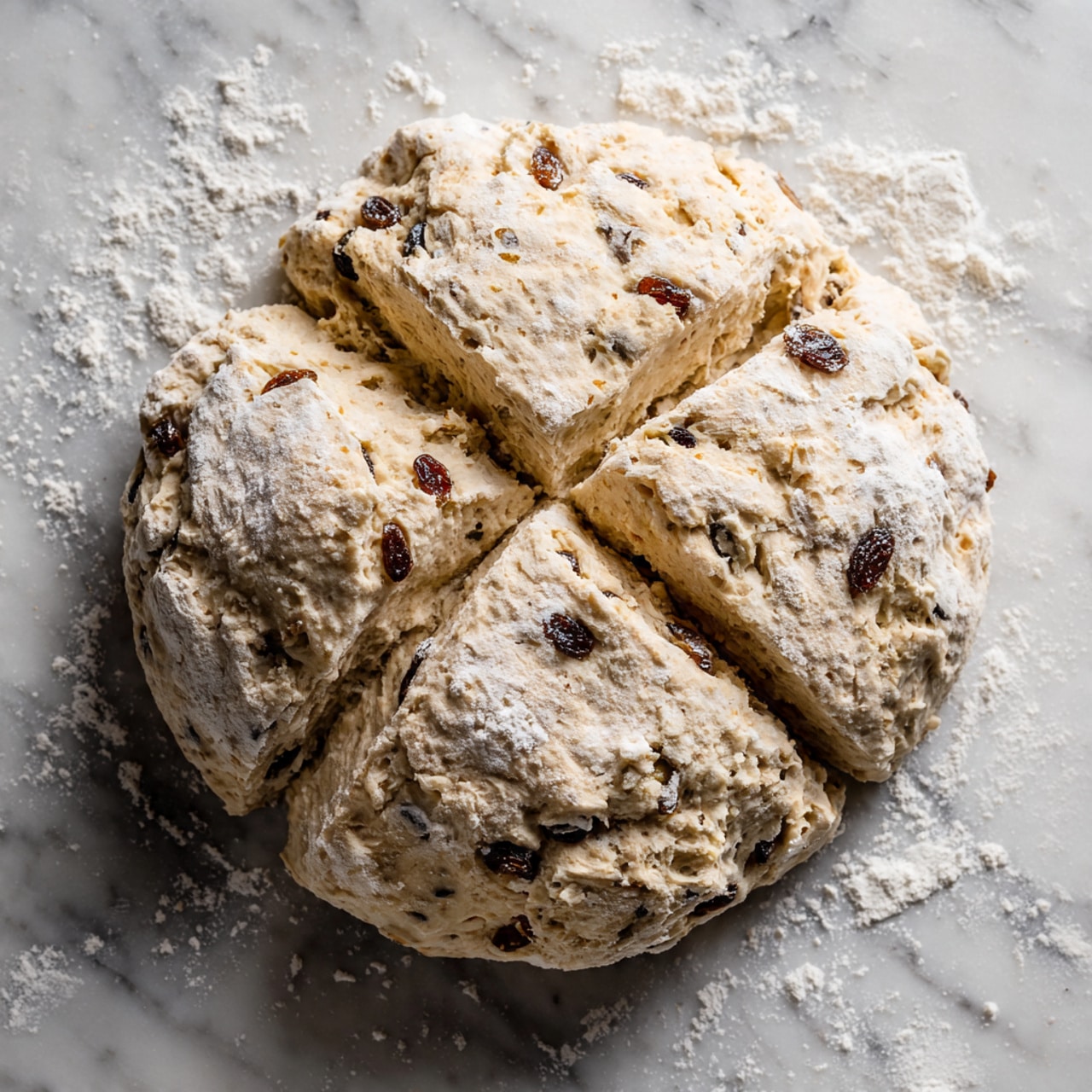 A round, pale dough with a slightly rough texture lies on a white marbled surface dusted with flour. The dough includes small dark pieces, scattered throughout, and is scored into four equal sections with deep cuts from the center to the edges. The dough has a soft, uneven surface with visible cracks and a slightly wet appearance on top. photo taken with an iphone --ar 4:5 --v 7