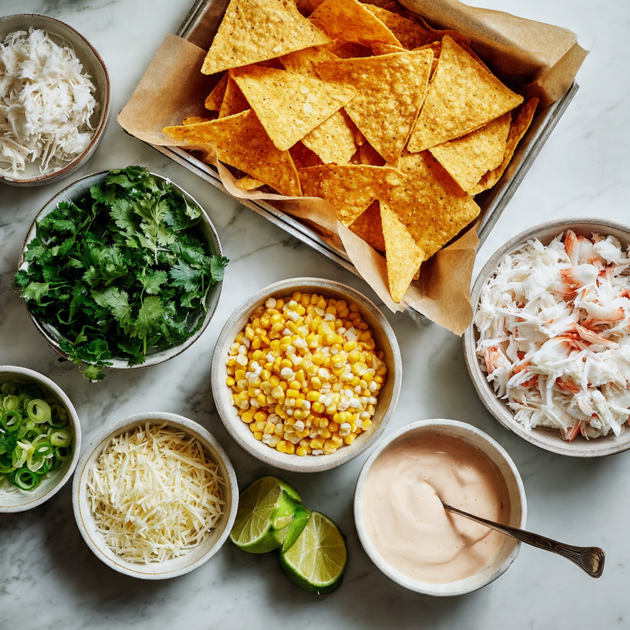 A tray lined with light brown parchment paper holds a layered dish starting with a base of crispy, square-shaped, golden-brown tortilla chips. On top of the chips, there is a layer of shredded white cheese scattered evenly across the surface. White pieces of cooked crab meat are placed in small clusters spread over the cheese. Light yellow corn kernels are scattered generously across the layers, adding a slightly textured contrast. Finally, thinly sliced green onions are sprinkled on top, providing small bright green accents. The tray is set on a white marbled surface. Photo taken with an iphone --ar 4:5 --v 7