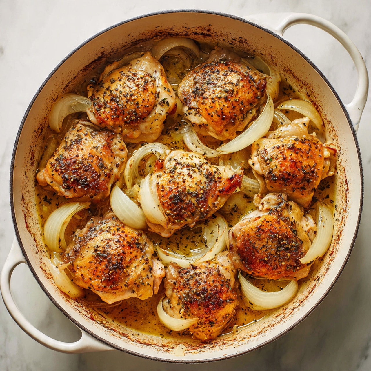 A white round pot filled with about twelve pieces of cooked chicken thighs, browned and seasoned with black pepper. Underneath and around the chicken pieces are soft cooked onion slices with a light golden color. The chicken and onions rest on the bottom of the pot, which has some browned spots from cooking. The pot is placed on a white marbled surface. photo taken with an iphone --ar 4:5 --v 7
