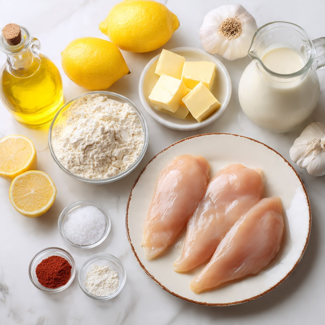 Raw chicken fillets sit on a white plate with a thin brown rim, positioned in the bottom right of the image. Around the plate on a white marbled surface, perfect bright yellow lemons and a whole white garlic bulb sit to the upper left and right. Nearby is a small white dish holding four pieces of pale yellow butter. A clear glass jug holds white cream on the right. Two small glass bowls on the left contain white flour and light brown liquid, while two tiny bowls hold red and white powders near them. A bottle of golden olive oil is placed at the top left. photo taken with an iphone --ar 4:5 --v 7