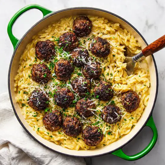 French Onion Meatballs with Cheesy Orzo Recipe