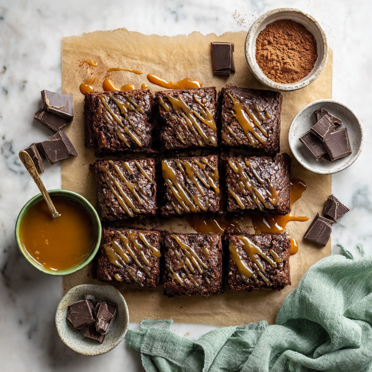 There are nine square brownies placed neatly in a three-by-three grid on light brown parchment paper. Each brownie is rich brown with a slightly rough texture and is drizzled with a shiny caramel sauce that pools slightly around some pieces. Around the brownies, there are small bowls, one filled with caramel sauce which is thick and glossy, another with light brown cocoa powder with a golden spoon inside, and a small white bowl with chunks of dark chocolate. Scattered dark chocolate pieces are also on the parchment paper nearby. A soft, light green cloth is draped casually in the bottom right corner on a white marbled surface. photo taken with an iphone --ar 4:5 --v 7
