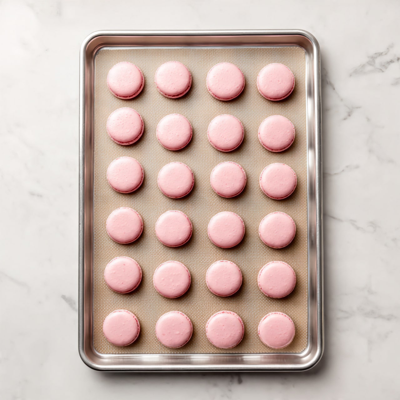 A silver baking tray on a white marbled surface holds a sheet of brown parchment paper with 25 small, smooth, round pink macaron batter circles evenly spaced in five rows and five columns. Behind the tray, there is a clear glass with a white piping bag inserted, resting on the white marbled background. The scene is bright and clean, highlighting the soft pastel pink color and smooth texture of the macaron batter. photo taken with an iphone --ar 4:5 --v 7