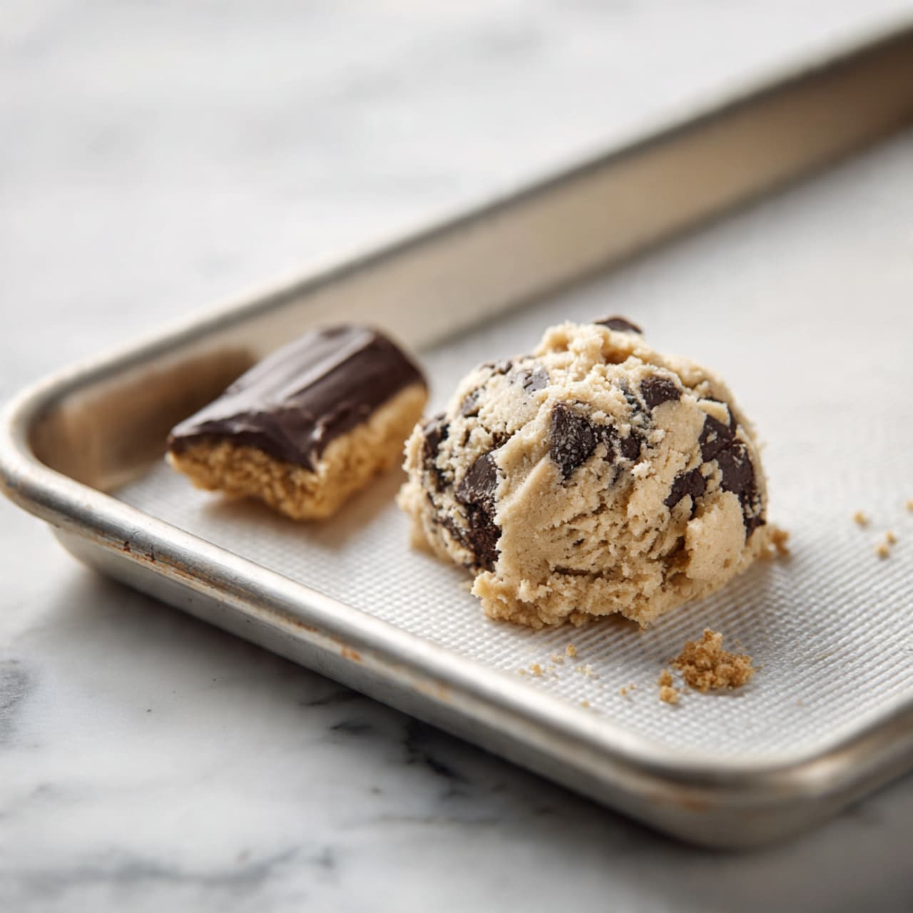 The image shows a single ball of cookie dough with a rough texture and visible chocolate chunks on a white textured baking mat inside a metal baking tray. Near the dough ball are two pieces of a chocolate-covered cookie, one larger rectangular piece and one smaller broken piece, both showing a golden-brown cookie base with a smooth dark chocolate layer on top. The metal tray is placed on a white marbled surface. Photo taken with an iphone --ar 4:5 --v 7