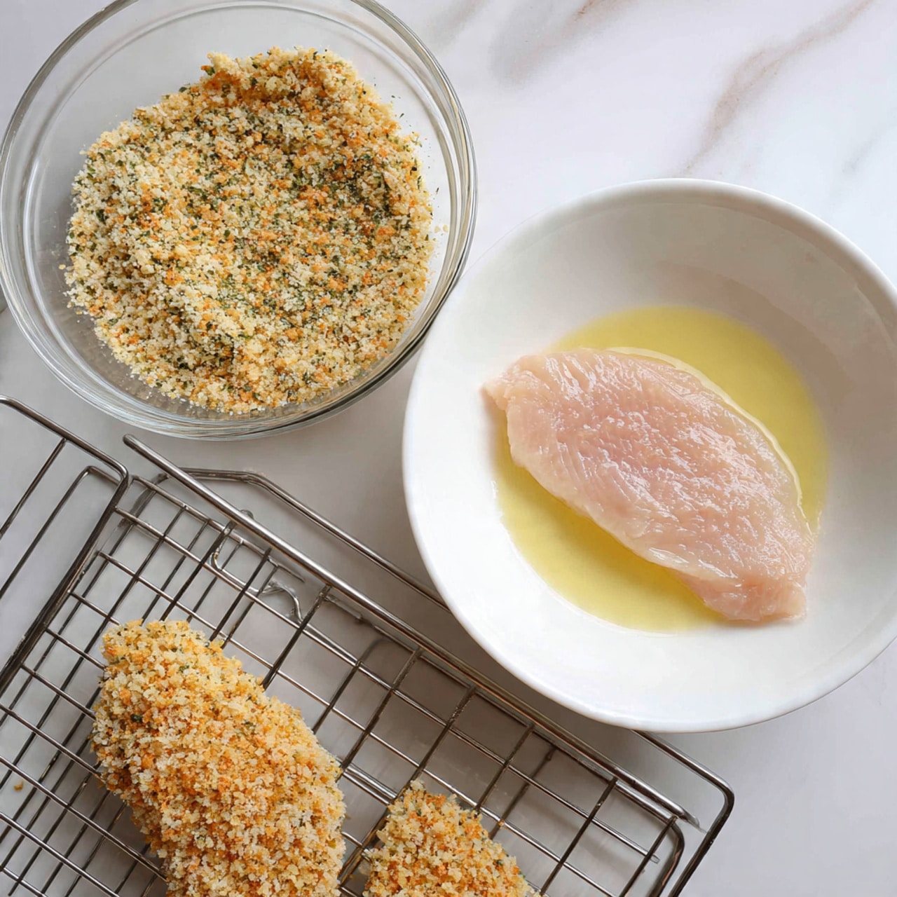 A clear glass bowl is filled with light tan crumb coating, in the center of which a raw piece of chicken is partially covered with the crumbs, showing a rough and grainy texture. To the right, a white bowl holds a raw chicken piece soaked in yellow oil, with the chicken smooth and pale pink in color, and the oil glossy and reflective around it. A baking tray with a metal grid rack is on the left side, with part of another crumb-coated chicken piece resting on it. The background is a white marbled surface with a small piece of chicken wrapped in parchment paper at the upper right corner. photo taken with an iphone --ar 4:5 --v 7